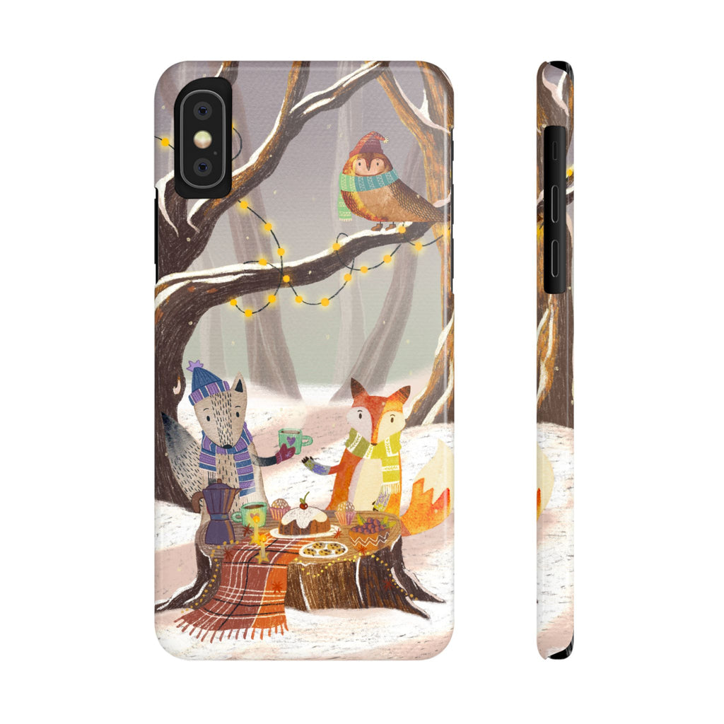 Cozy Winter Animals Slim iPhone Case, Cute Fox & Owl Design, Winter Theme Holiday Gift, Cute Phone Cover Gift, iPhone 16 15 14 13 12 11 X XR