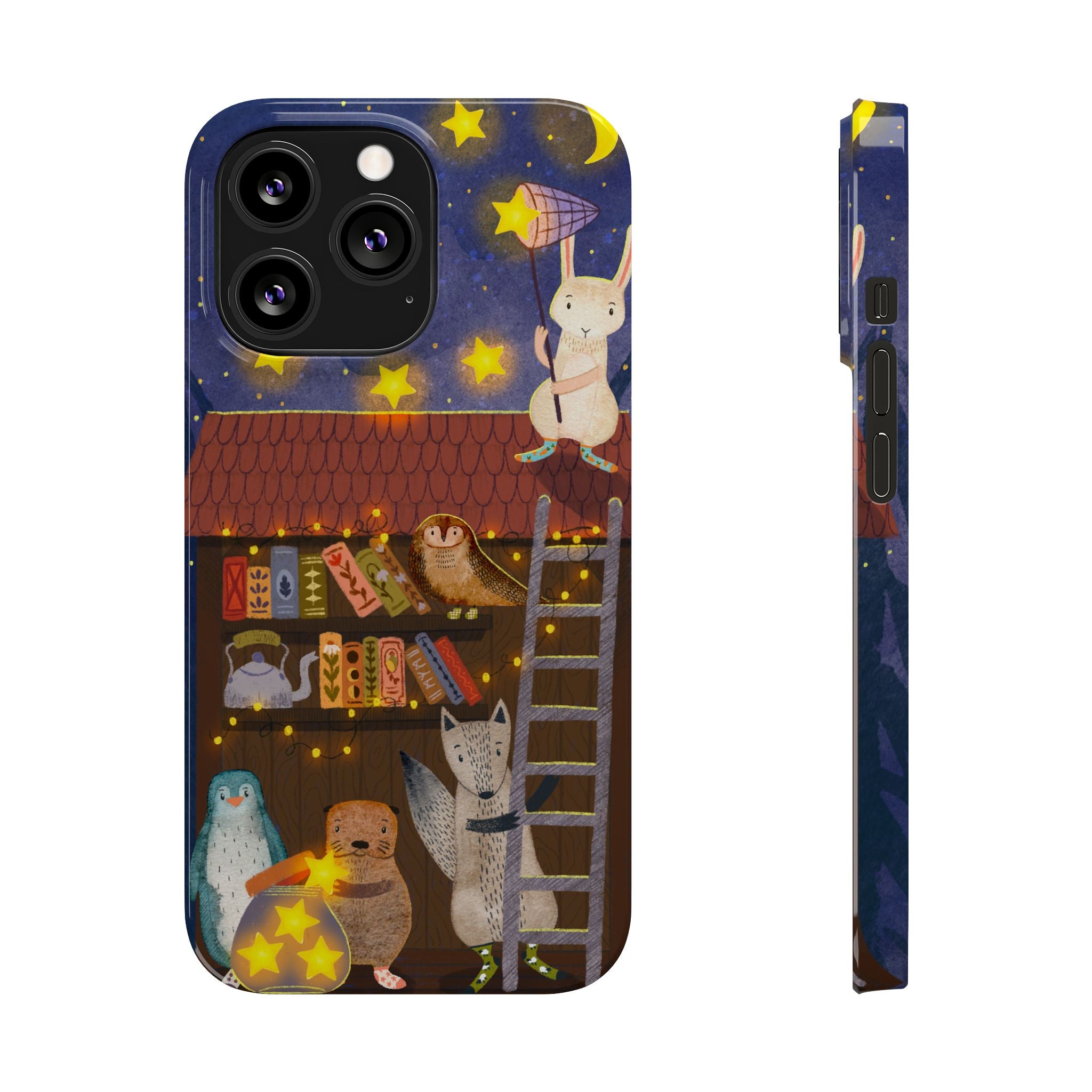 Starlit Library Phone Case, Woodland Animals iPhone Case, Cozy Night Scene Cover, Cute Animals Case Gift, iPhone 7 8 X XR 11 12 13 14 15 16