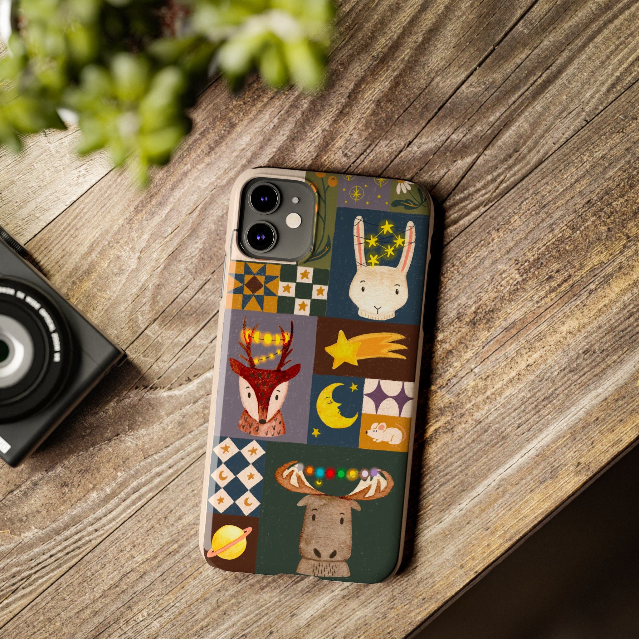Holiday Night Sky Slim Case, Cute Forest Creatures iPhone Cover, Bunny Deer Moose, iPhone 7 8 X XR XS 11 12 13 14 15 16