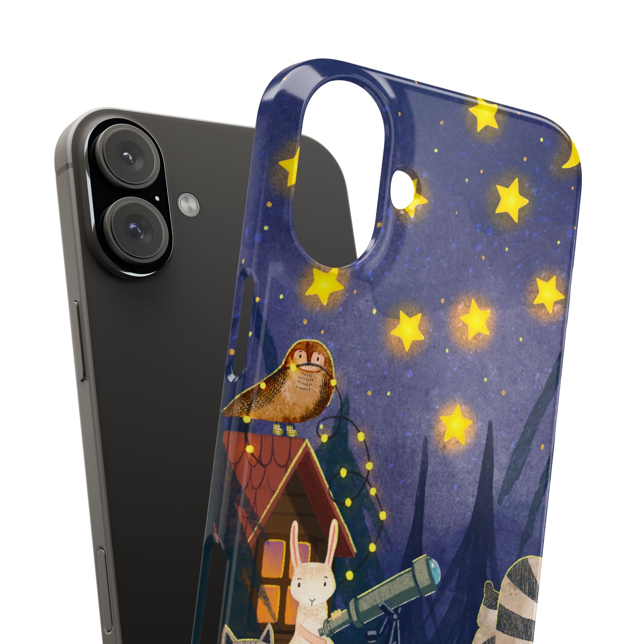 Stargazing Animals Slim iPhone Case, Night Sky Observatory Cover, Cute Forest Gift, Starry Night Gift, iPhone 16 15 14 13 12 11 X XR XS 8 7