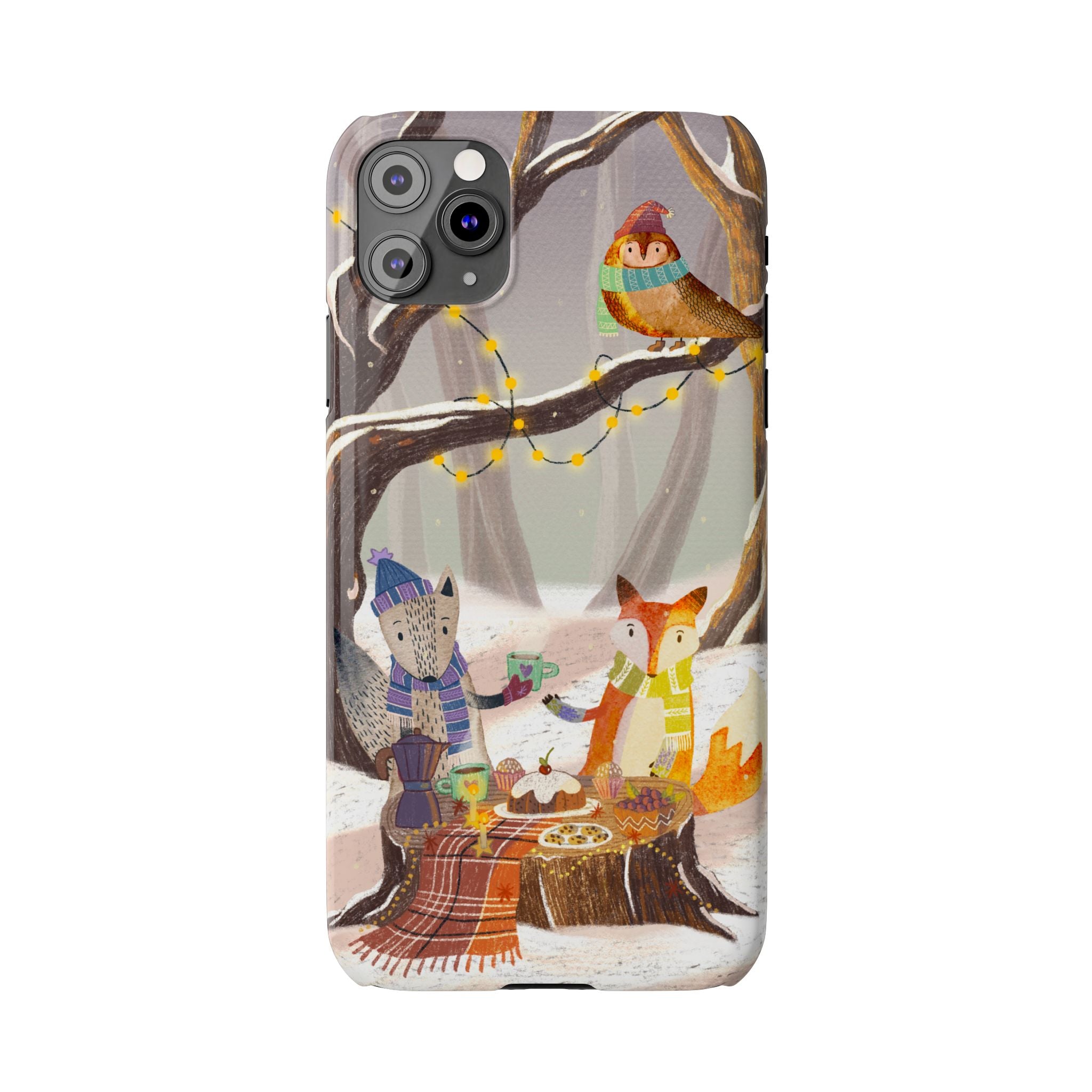 Cozy Winter Animals Slim iPhone Case, Cute Fox & Owl Design, Winter Theme Holiday Gift, Cute Phone Cover Gift, iPhone 16 15 14 13 12 11 X XR