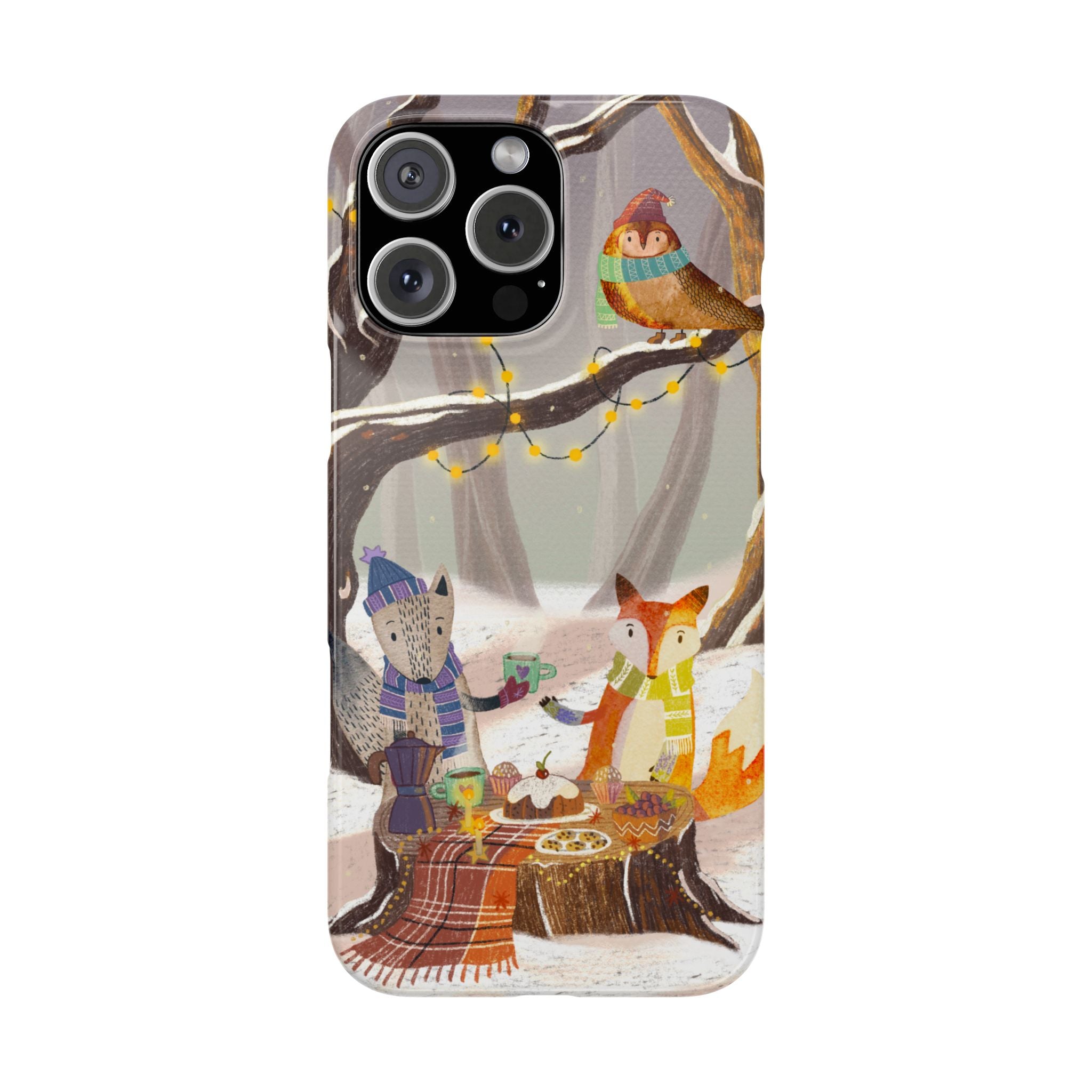 Cozy Winter Animals Slim iPhone Case, Cute Fox & Owl Design, Winter Theme Holiday Gift, Cute Phone Cover Gift, iPhone 16 15 14 13 12 11 X XR