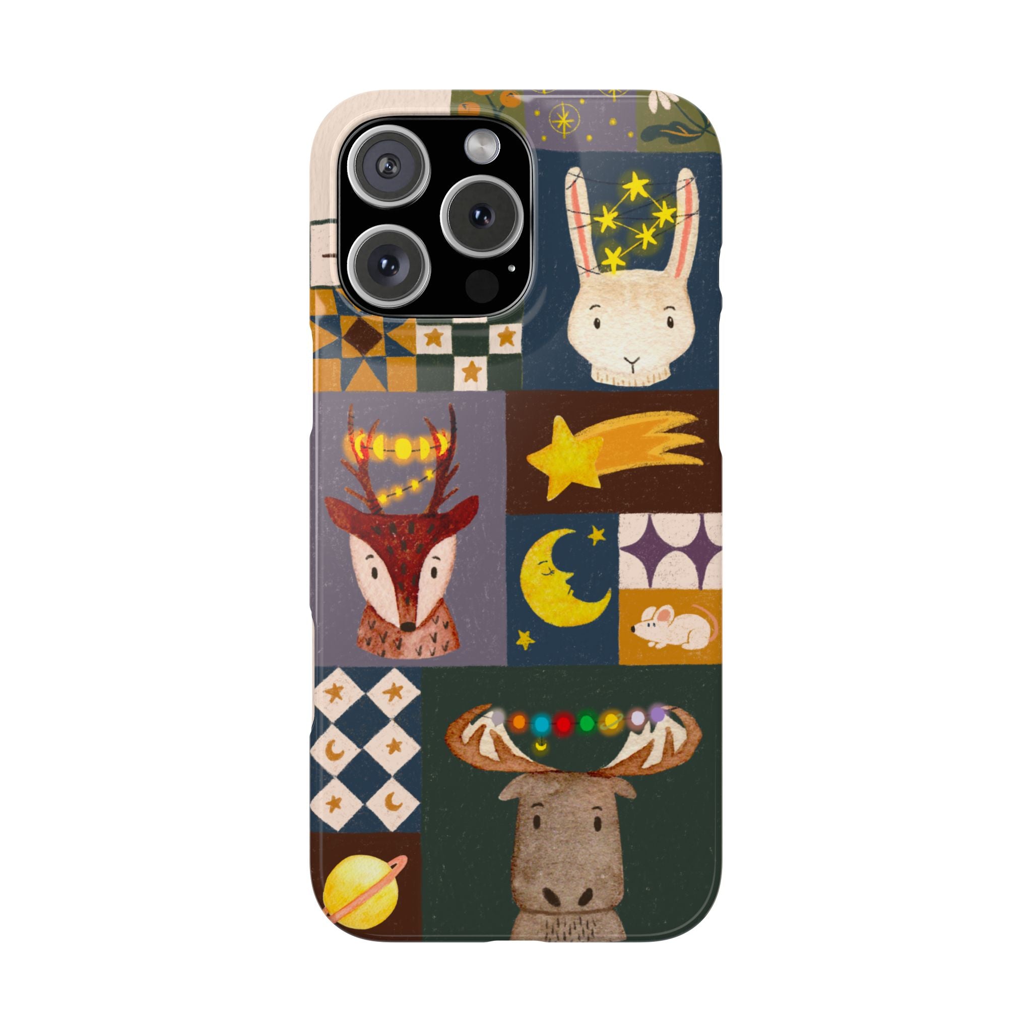 Holiday Night Sky Slim Case, Cute Forest Creatures iPhone Cover, Bunny Deer Moose, iPhone 7 8 X XR XS 11 12 13 14 15 16