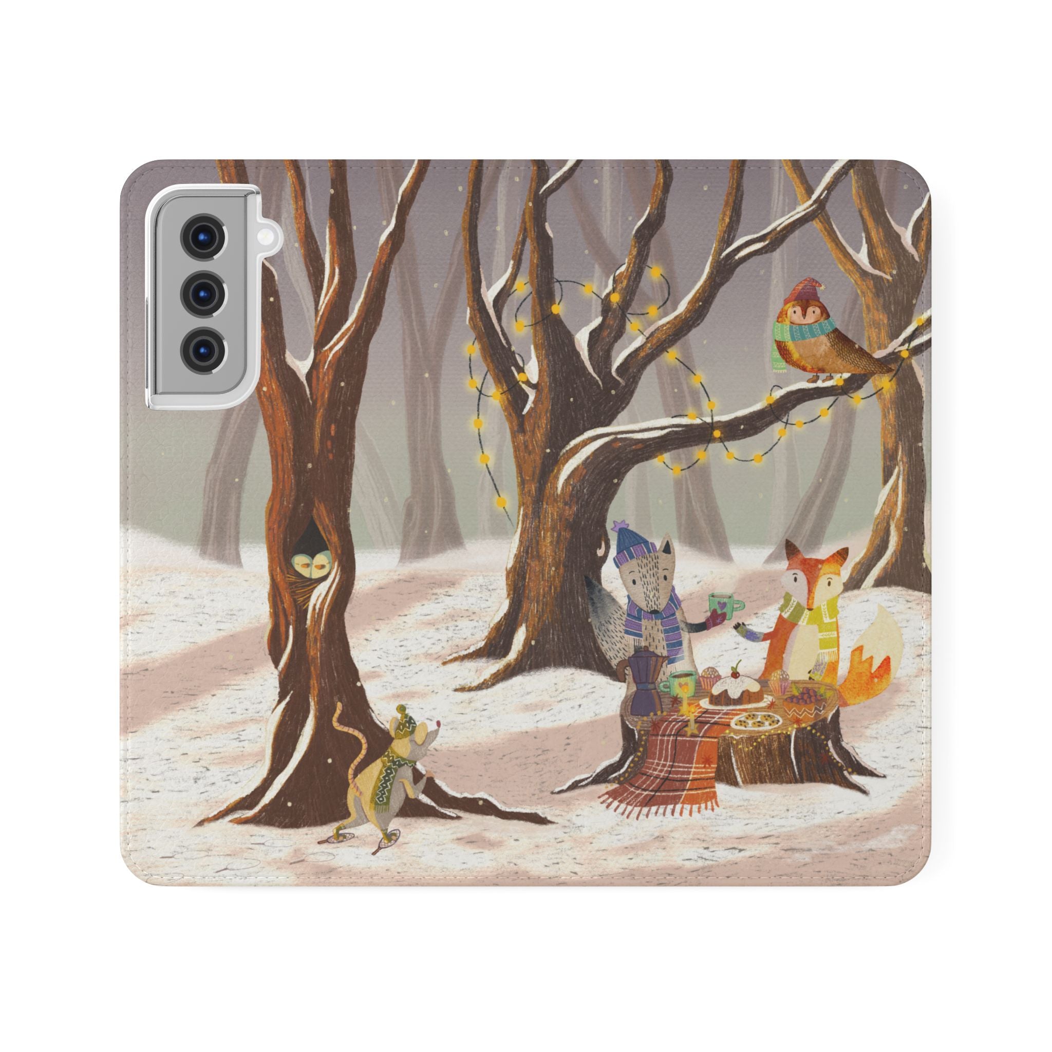 Winter Forest Tea Party Wallet Case, Woodland Animals Phone Flip Cover, Vegan Leather Case, iPhone 11 12 13 14 15 16, Galaxy Ultra S21 S22