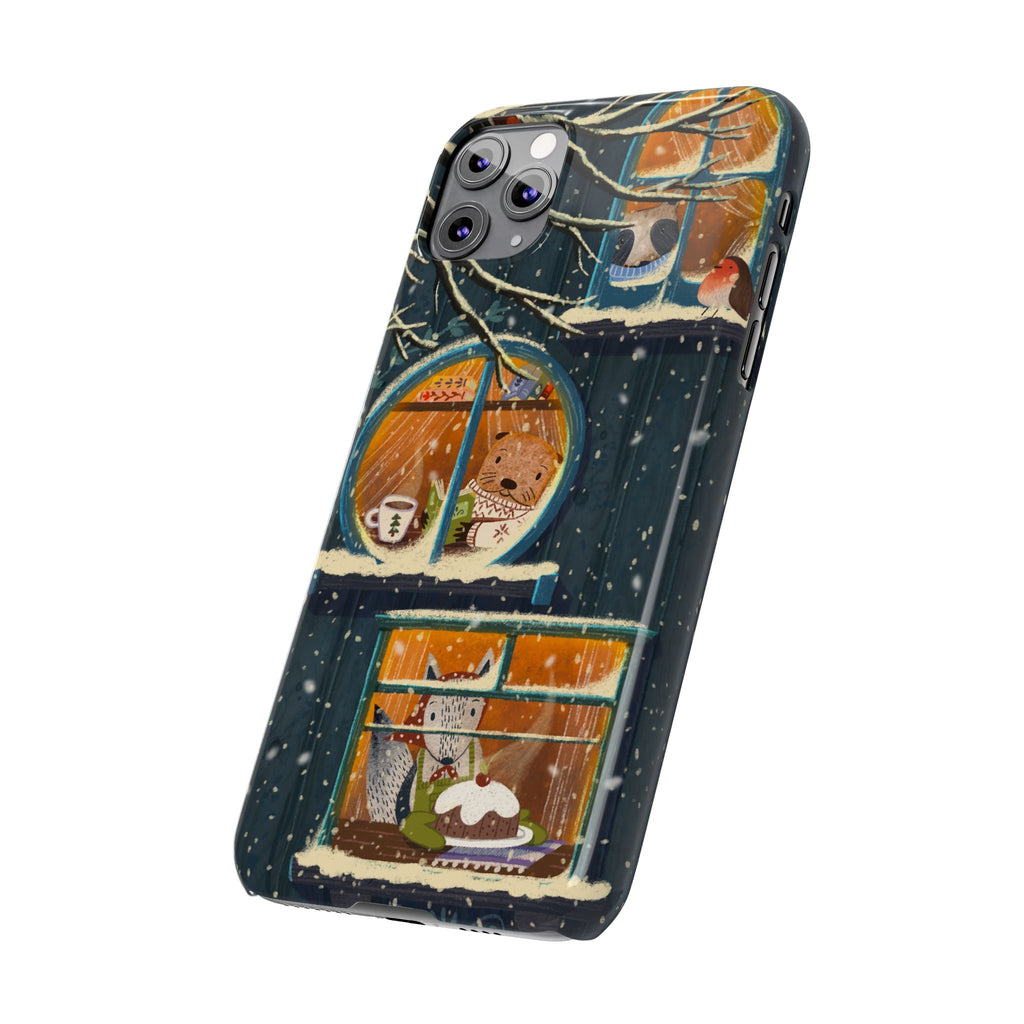 Cute Winter Animals Cozy Home iPhone Case, Woodland Cottage Cover, Treehouse at Night, Raccoon Bear Fox, iPhone 16 15 14 13 12 11 X XR 8 7