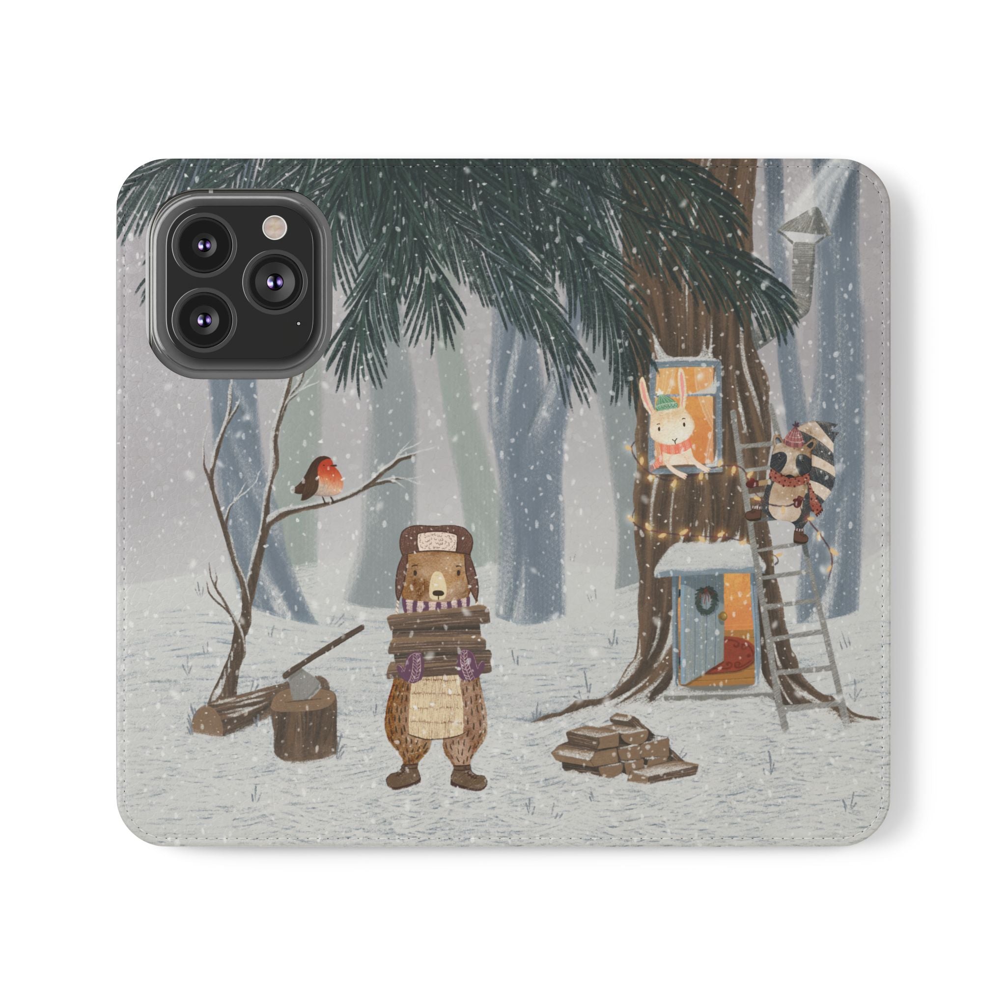 Winter Forest Friends Wallet Case, Woodland Flip Cover, Vegan Leather, Snowy Scene, Cozy Holiday, iPhone 11 12 13 14 15 16, Galaxy S21 S22