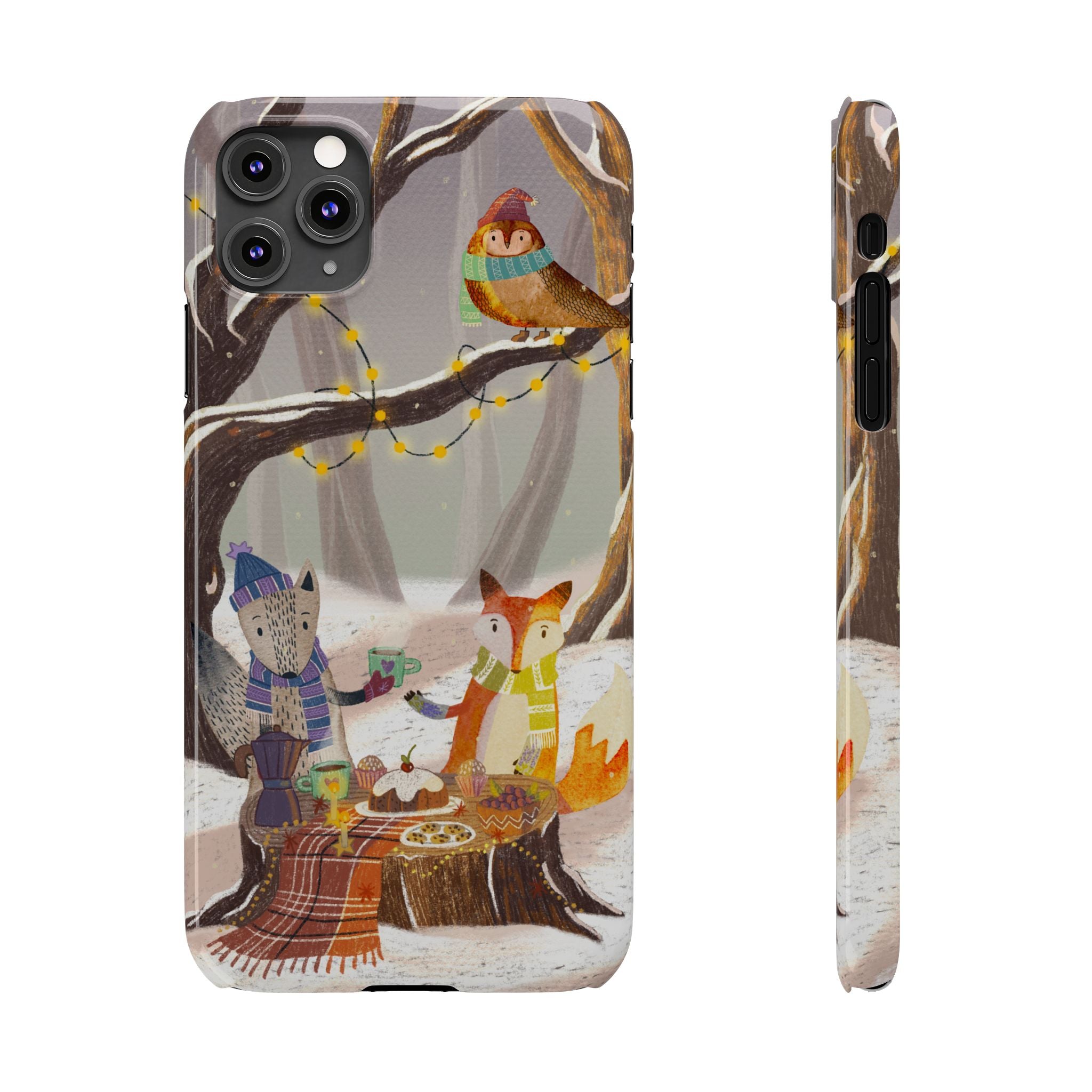 Cozy Winter Animals Slim iPhone Case, Cute Fox & Owl Design, Winter Theme Holiday Gift, Cute Phone Cover Gift, iPhone 16 15 14 13 12 11 X XR