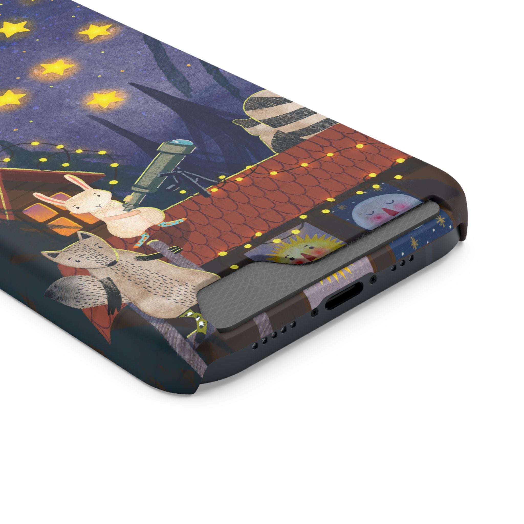 Stargazing Animals Phone Case With Card Holder - Cute Animal Design for Kids, Gift for Urban Explorers, Night Sky Vibes, Fun Accessory