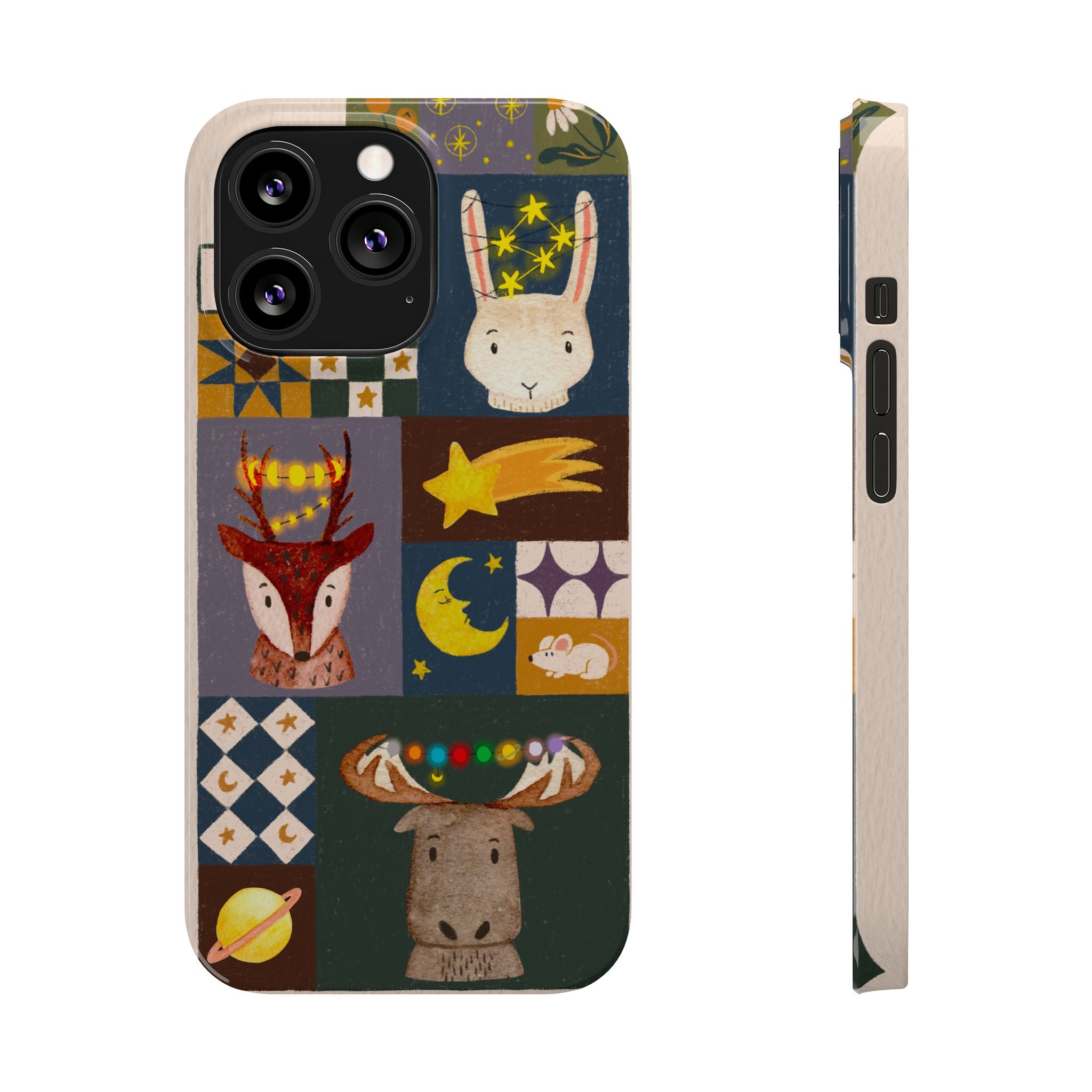 Holiday Night Sky Slim Case, Cute Forest Creatures iPhone Cover, Bunny Deer Moose, iPhone 7 8 X XR XS 11 12 13 14 15 16