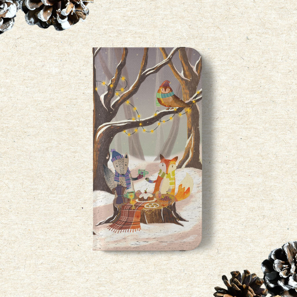Winter Forest Tea Party Wallet Case, Woodland Animals Phone Flip Cover, Vegan Leather Case, iPhone 11 12 13 14 15 16, Galaxy Ultra S21 S22