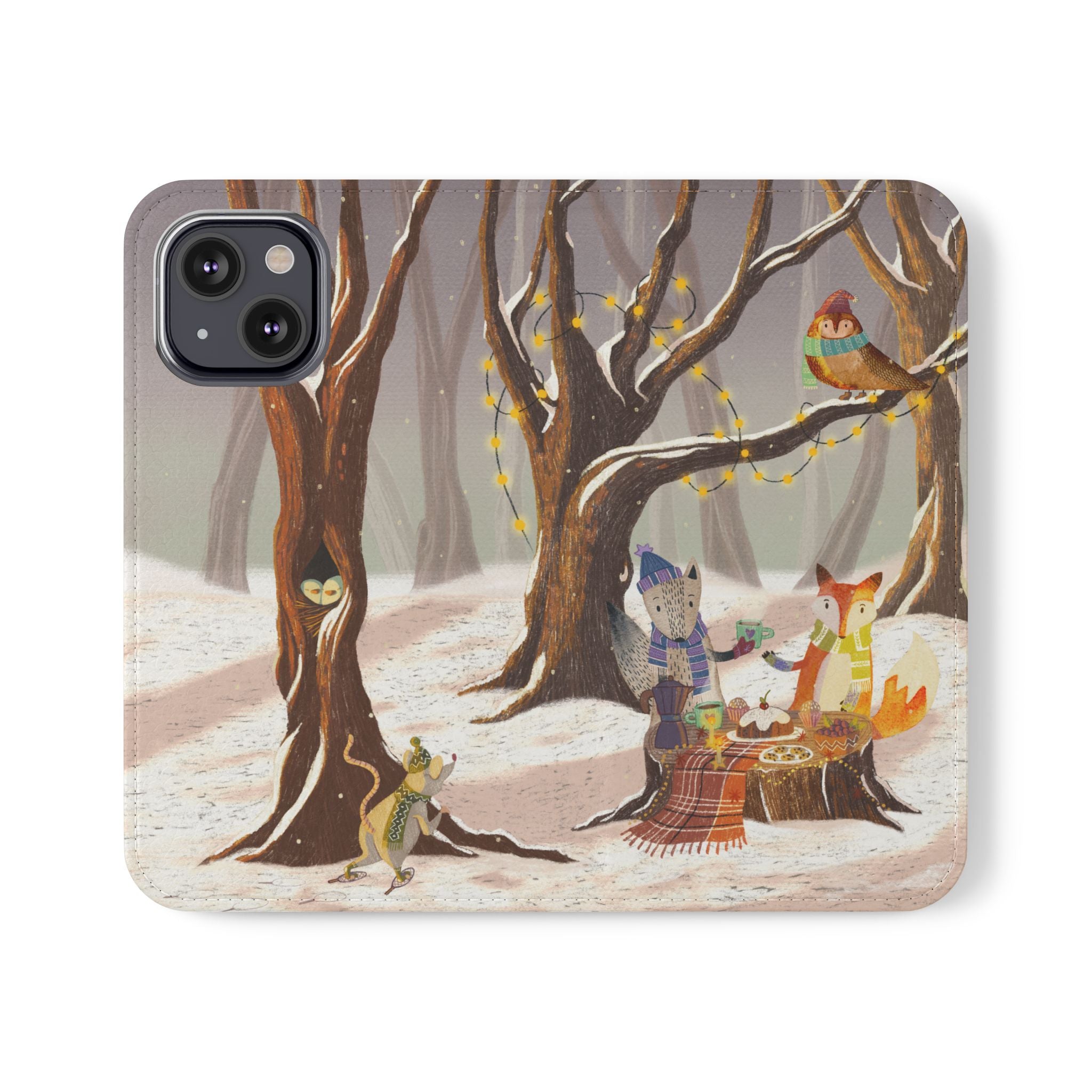 Winter Forest Tea Party Wallet Case, Woodland Animals Phone Flip Cover, Vegan Leather Case, iPhone 11 12 13 14 15 16, Galaxy Ultra S21 S22
