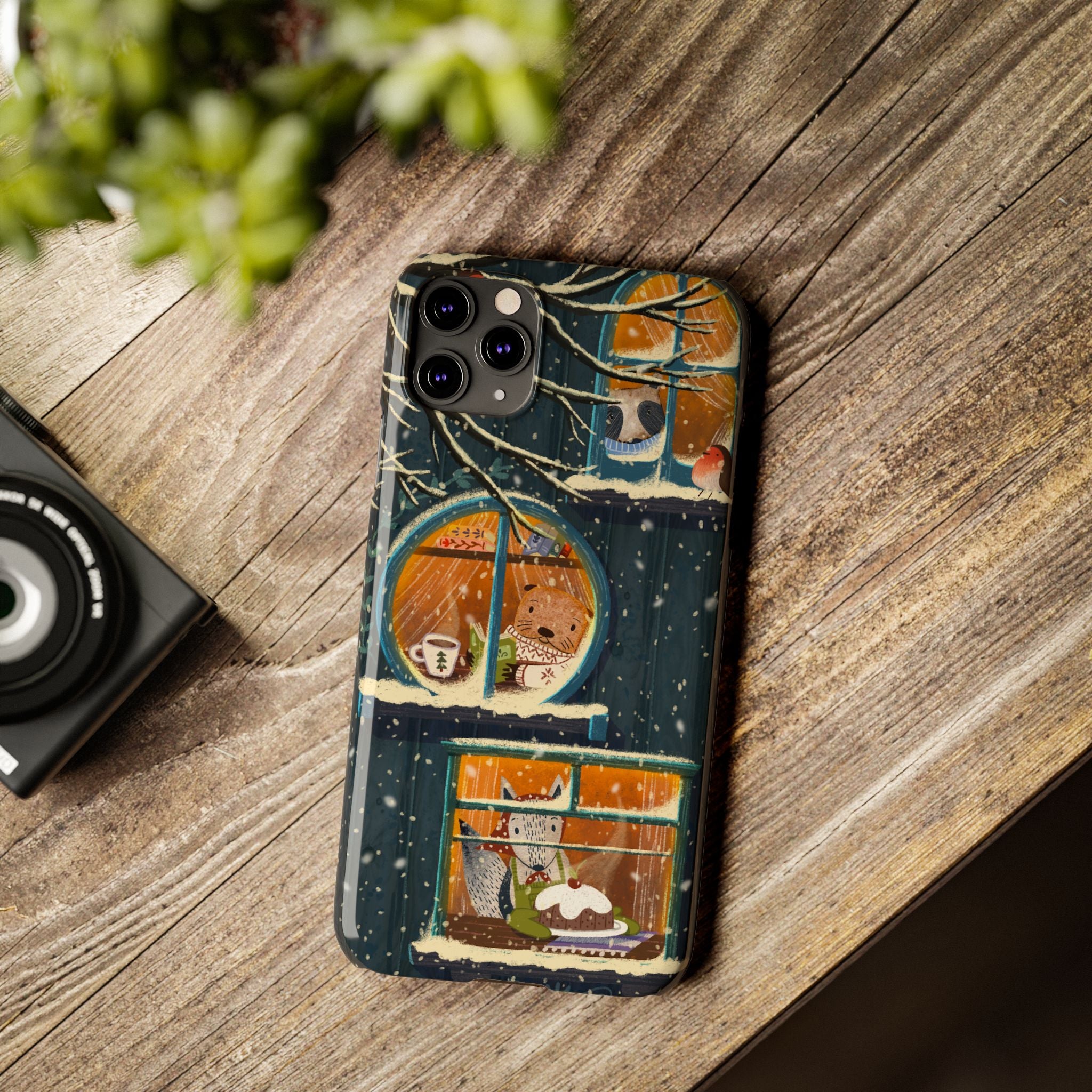 Cute Winter Animals Cozy Home iPhone Case, Woodland Cottage Cover, Treehouse at Night, Raccoon Bear Fox, iPhone 16 15 14 13 12 11 X XR 8 7