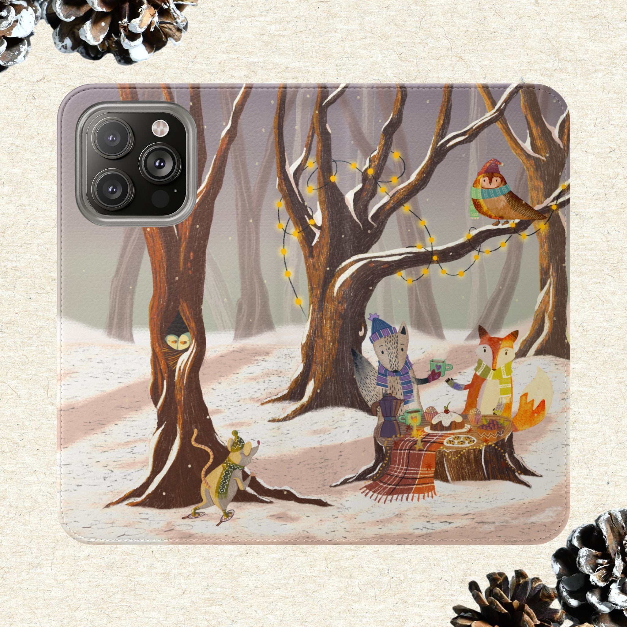 Winter Forest Tea Party Wallet Case, Woodland Animals Phone Flip Cover, Vegan Leather Case, iPhone 11 12 13 14 15 16, Galaxy Ultra S21 S22