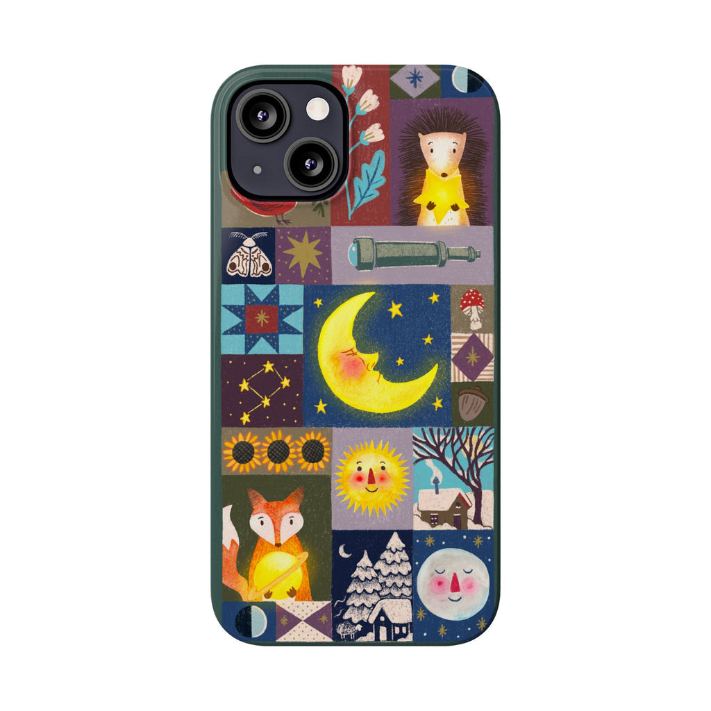 Celestial Quilt iPhone Case, Folk Art Moon Sun Fox Case, Nature Patchwork Cover, Cute Stellar Design, iPhone 7 8 X XR XS 11 12 13 14 15 16