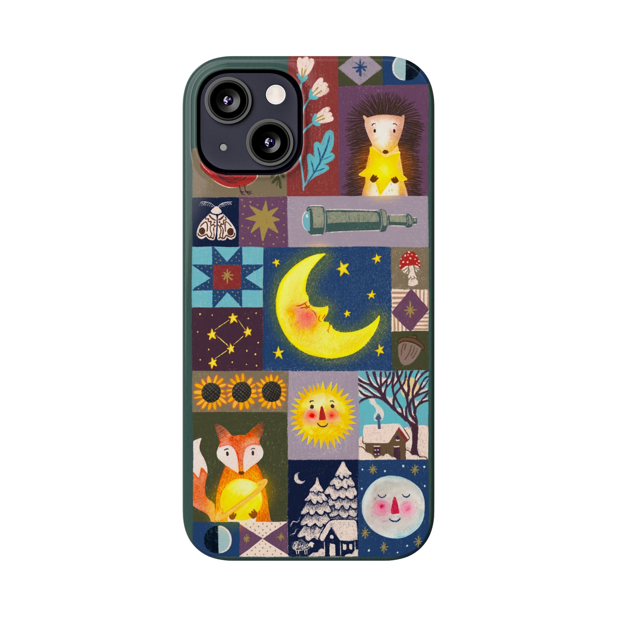 Celestial Quilt iPhone Case, Folk Art Moon Sun Fox Case, Nature Patchwork Cover, Cute Stellar Design, iPhone 7 8 X XR XS 11 12 13 14 15 16