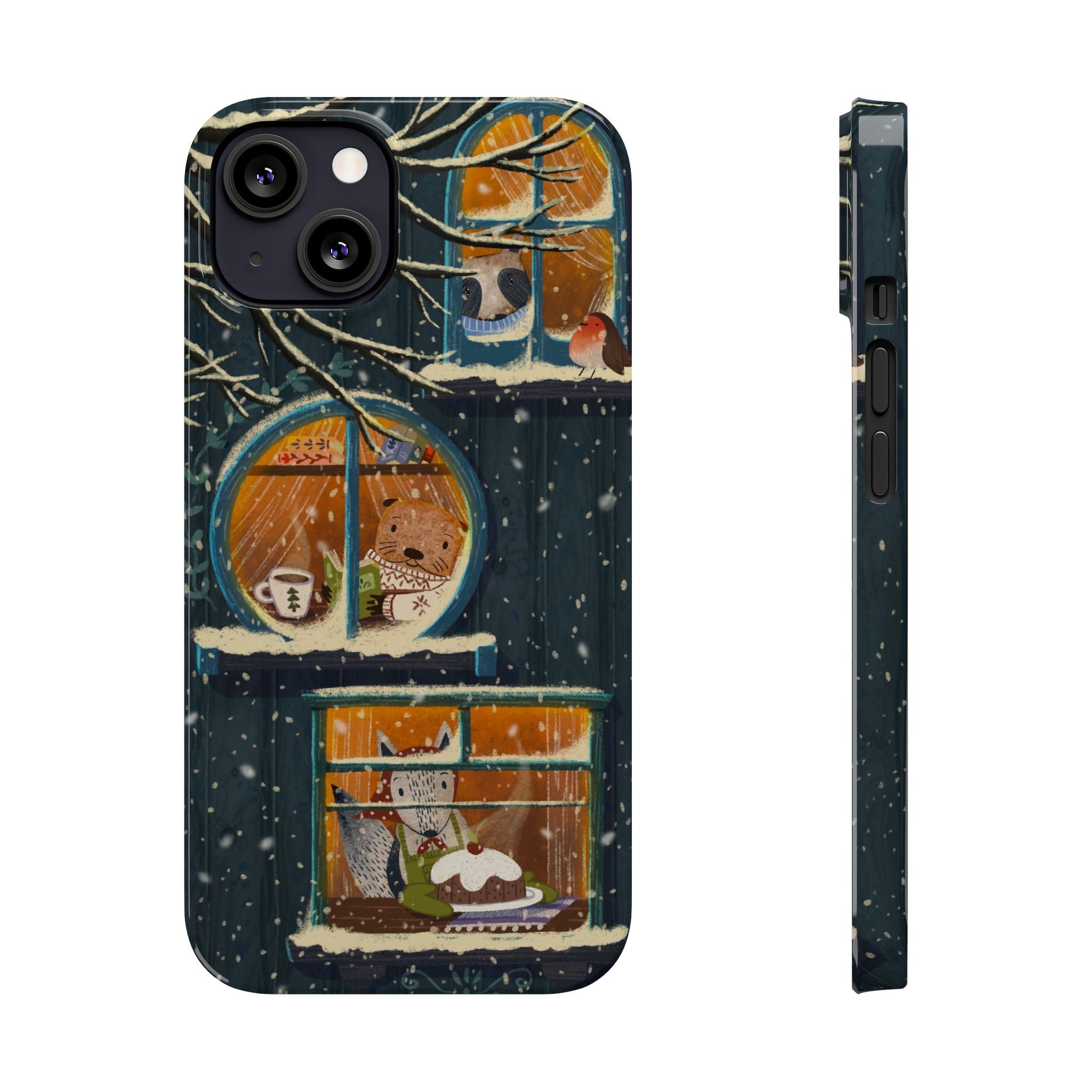 Cute Winter Animals Cozy Home iPhone Case, Woodland Cottage Cover, Treehouse at Night, Raccoon Bear Fox, iPhone 16 15 14 13 12 11 X XR 8 7