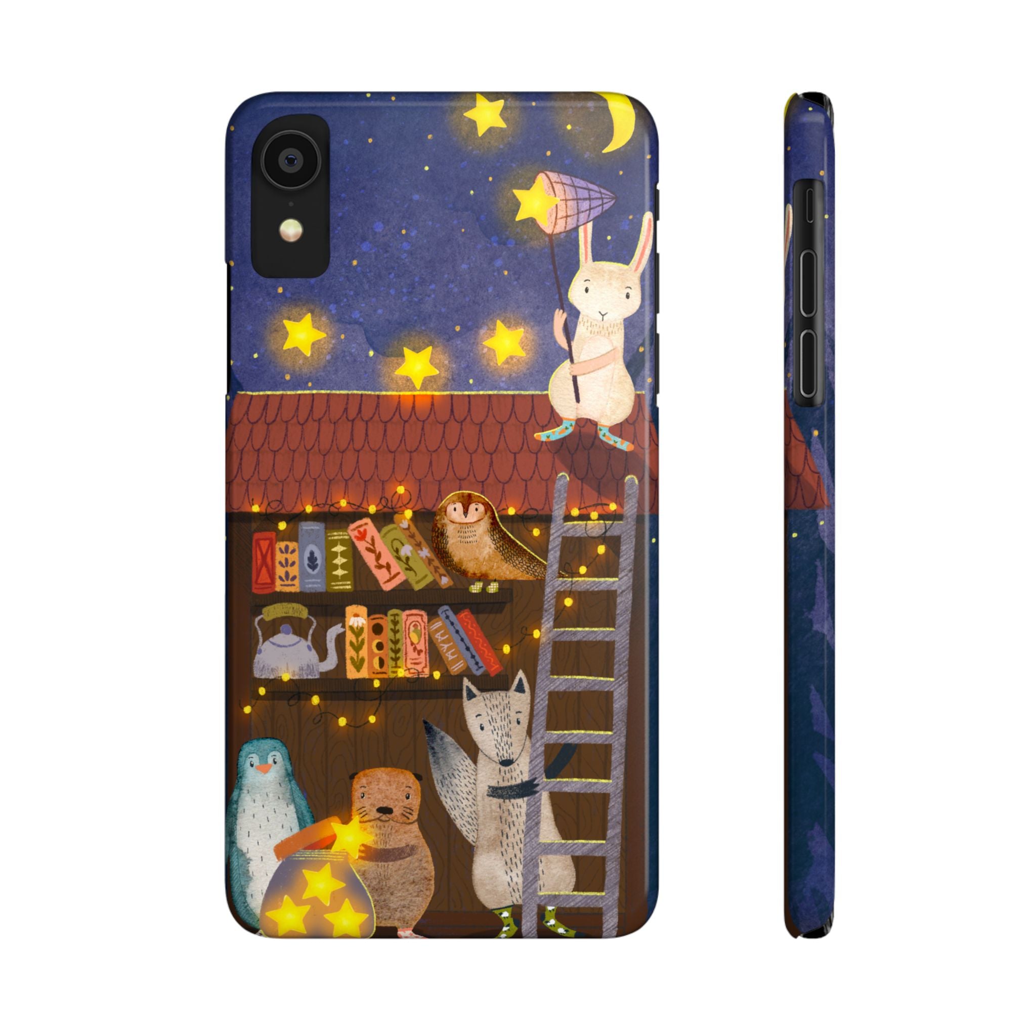 Starlit Library Phone Case, Woodland Animals iPhone Case, Cozy Night Scene Cover, Cute Animals Case Gift, iPhone 7 8 X XR 11 12 13 14 15 16