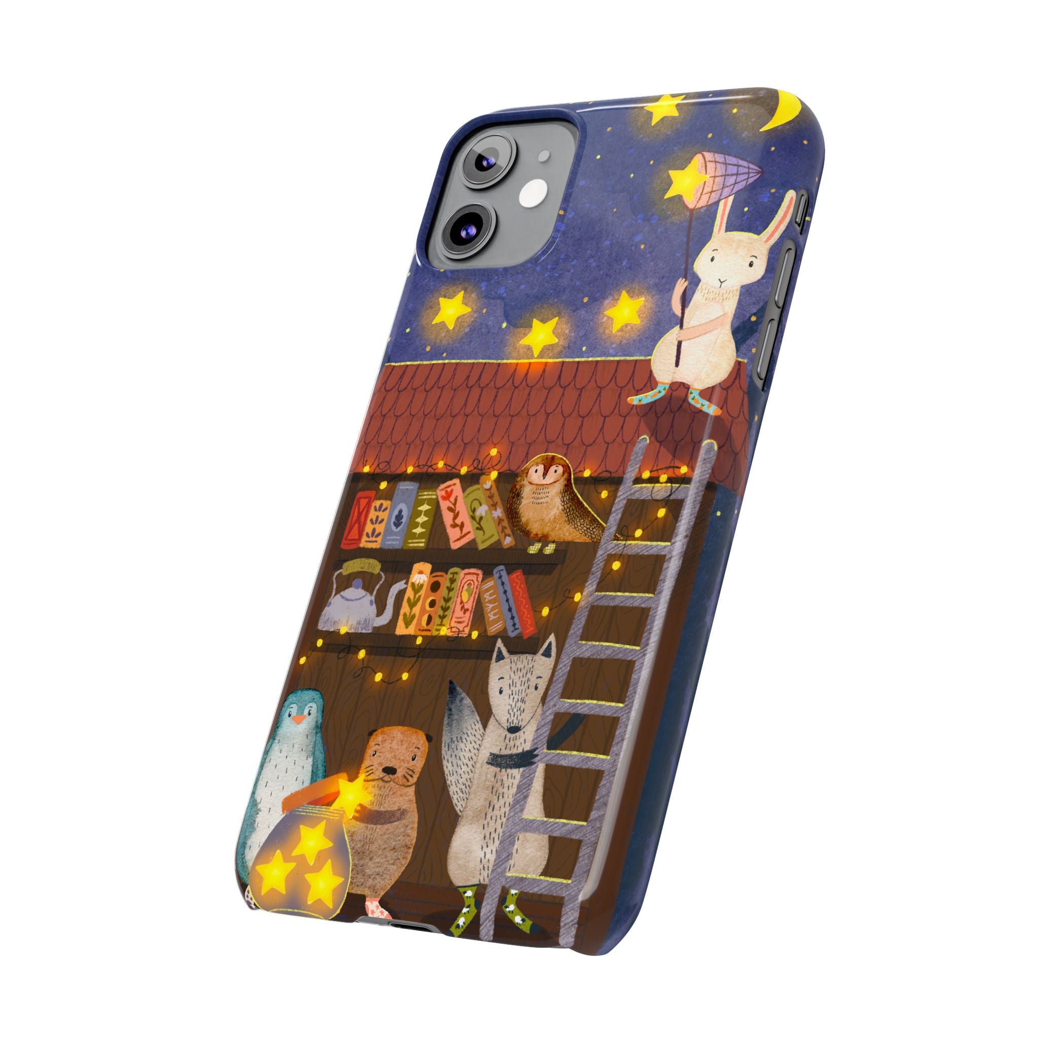 Starlit Library Phone Case, Woodland Animals iPhone Case, Cozy Night Scene Cover, Cute Animals Case Gift, iPhone 7 8 X XR 11 12 13 14 15 16