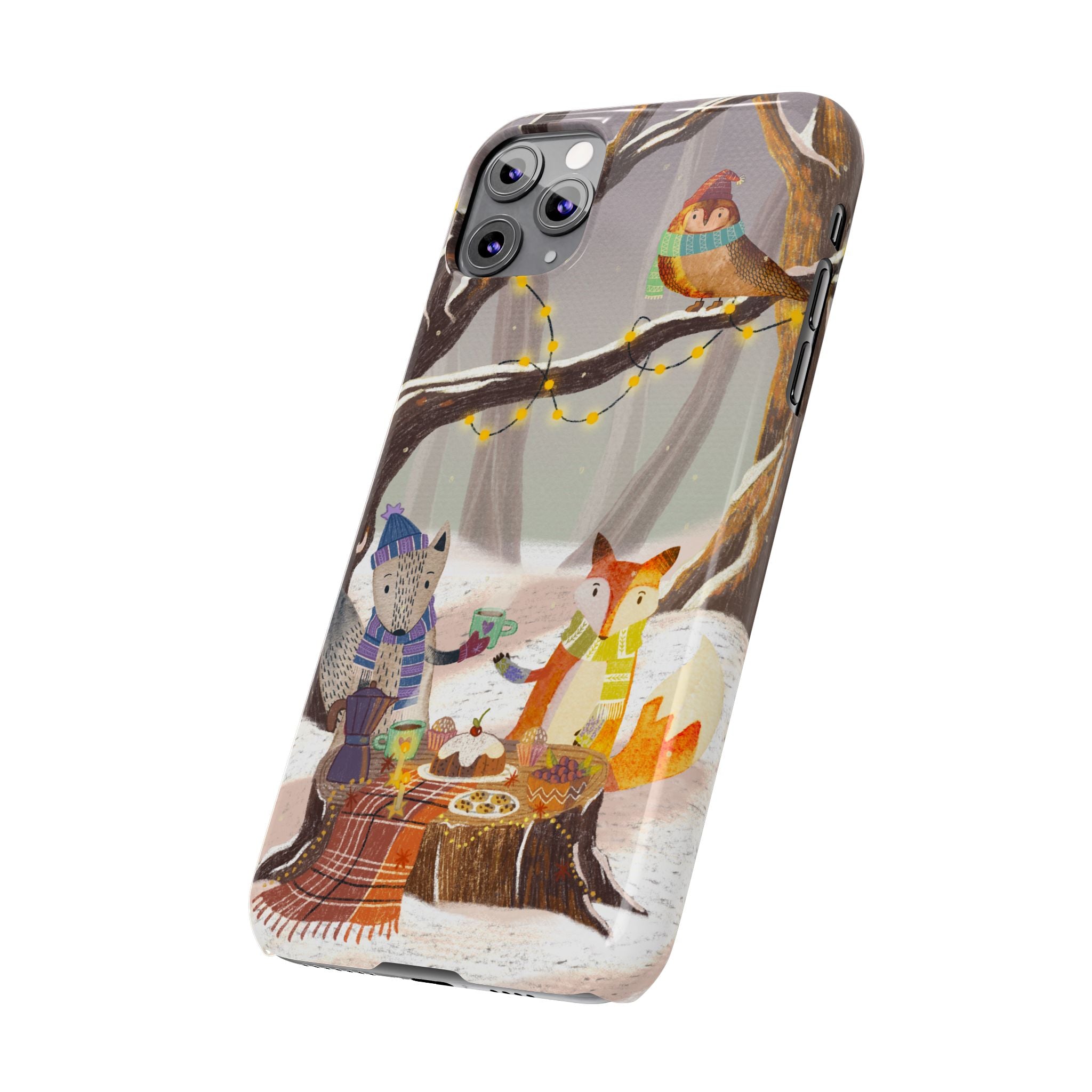 Cozy Winter Animals Slim iPhone Case, Cute Fox & Owl Design, Winter Theme Holiday Gift, Cute Phone Cover Gift, iPhone 16 15 14 13 12 11 X XR