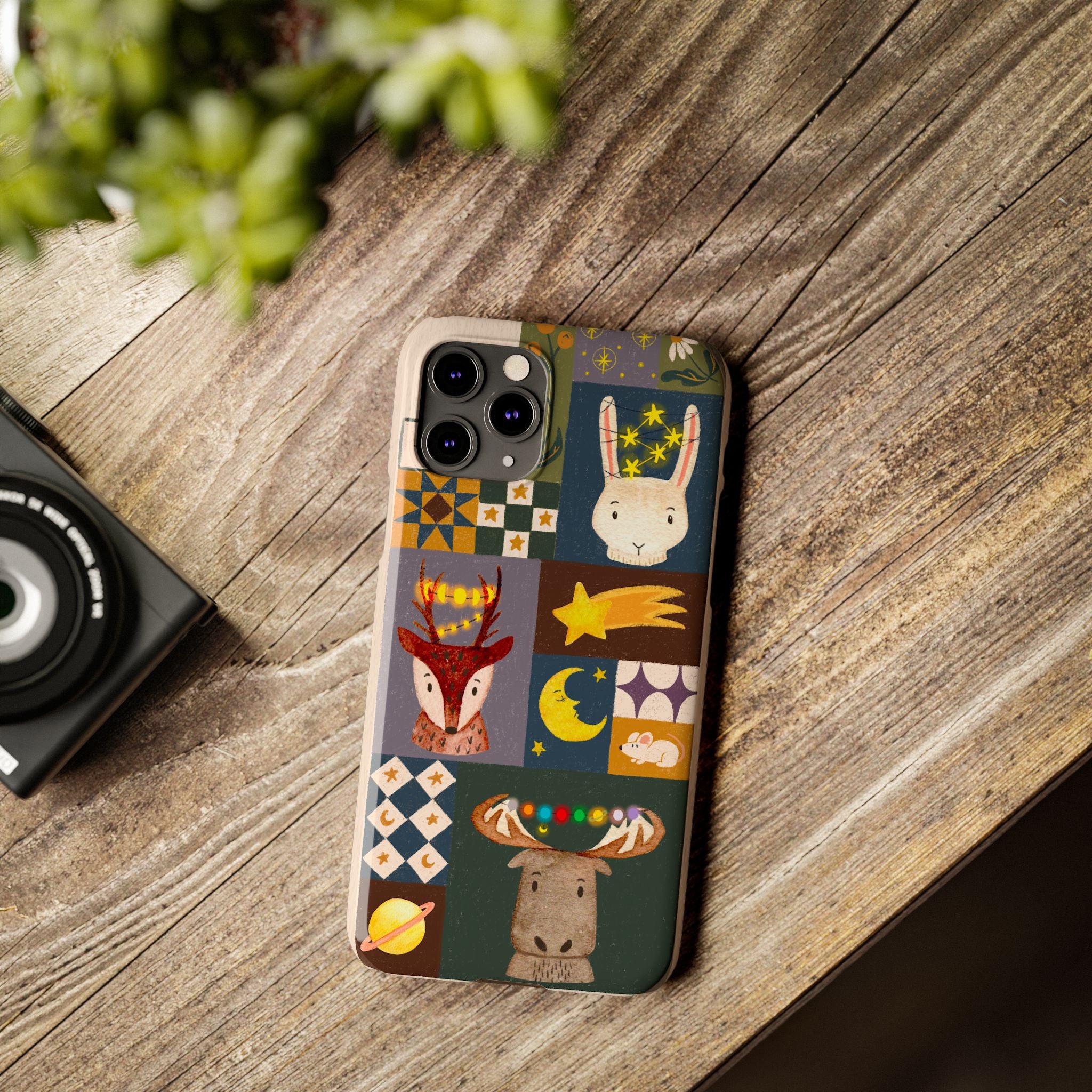 Holiday Night Sky Slim Case, Cute Forest Creatures iPhone Cover, Bunny Deer Moose, iPhone 7 8 X XR XS 11 12 13 14 15 16