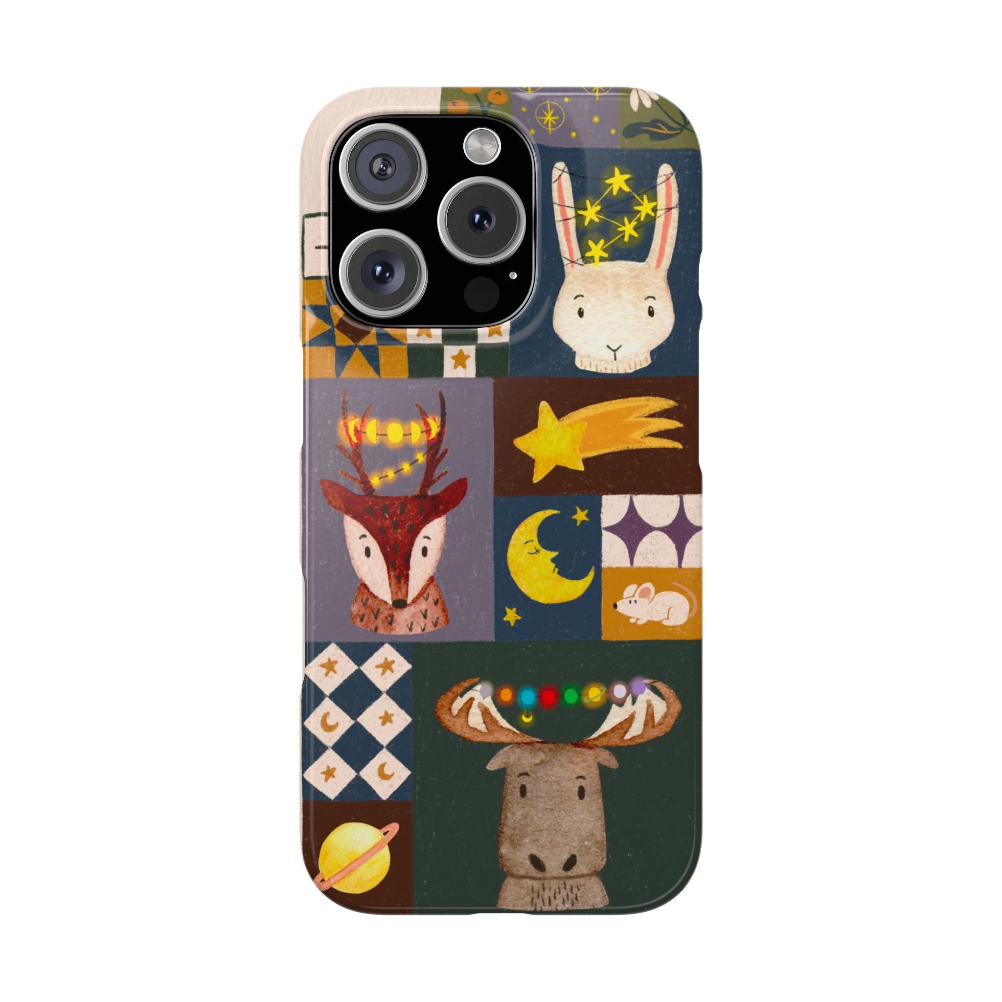 Holiday Night Sky Slim Case, Cute Forest Creatures iPhone Cover, Bunny Deer Moose, iPhone 7 8 X XR XS 11 12 13 14 15 16