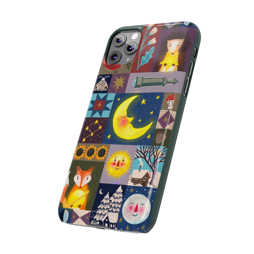 Celestial Quilt iPhone Case, Folk Art Moon Sun Fox Case, Nature Patchwork Cover, Cute Stellar Design, iPhone 7 8 X XR XS 11 12 13 14 15 16