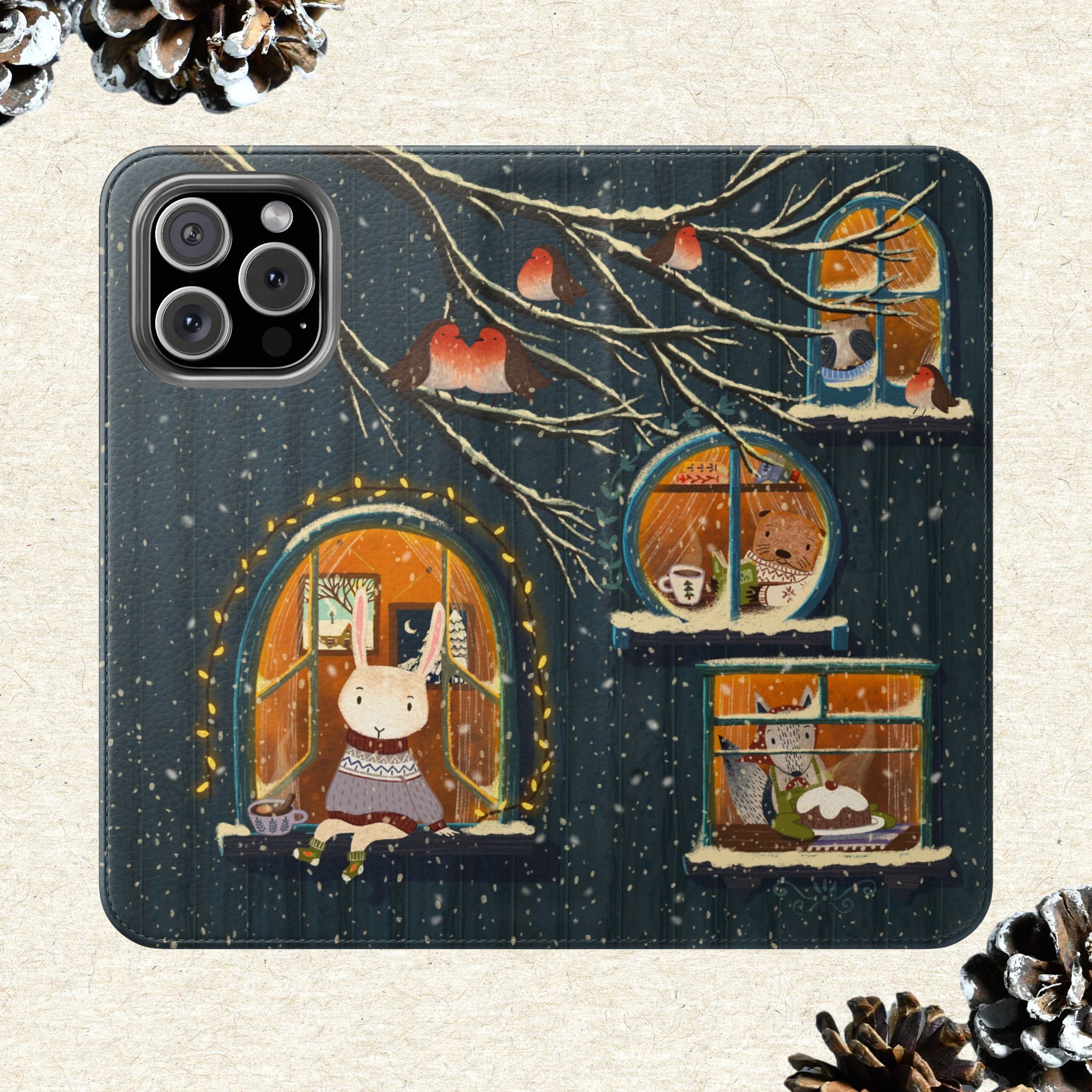 Cozy Winter Cottage Wallet Case, Cute Animals Flip Cover, Vegan Leather, Cozy Vibes, Gift Idea for iPhone 11 12 13 14 15 16, Galaxy S21 S22