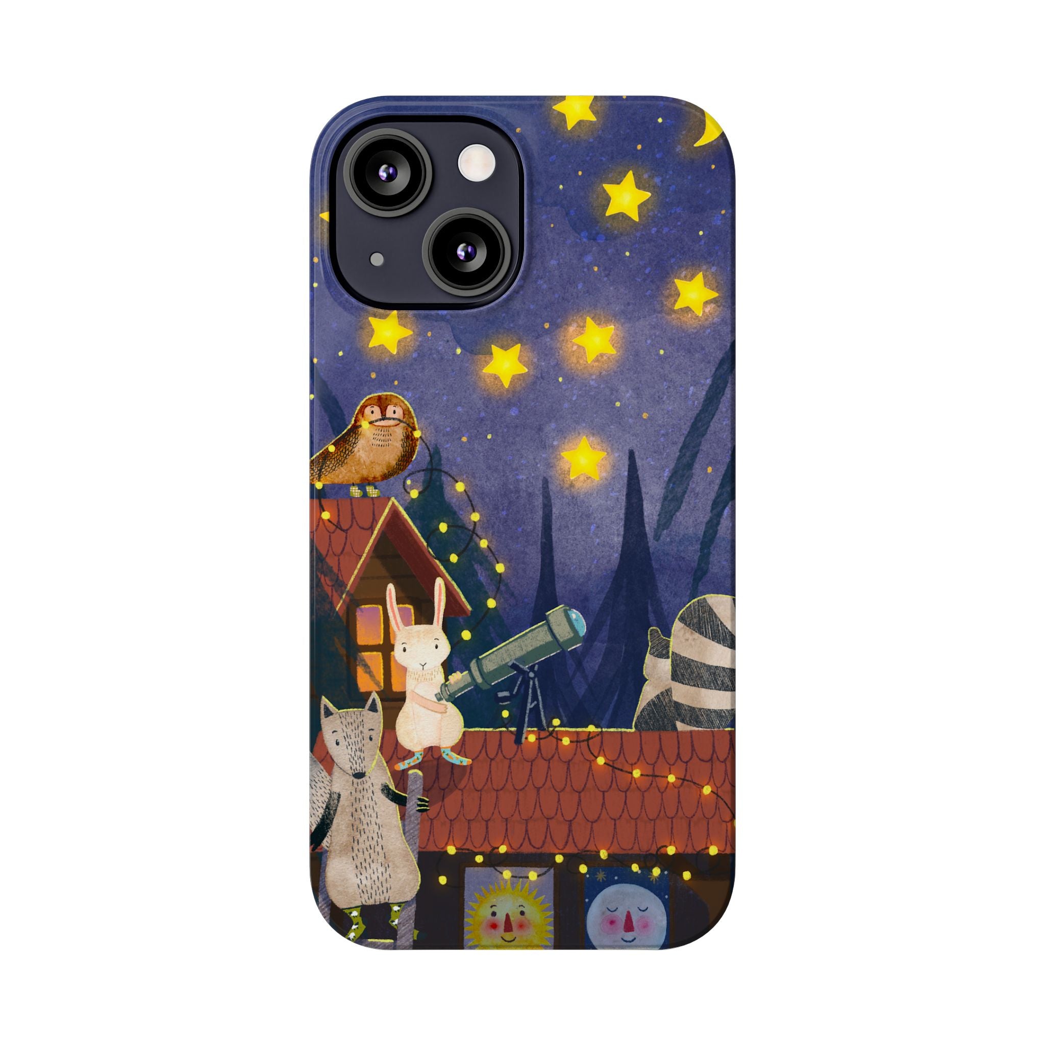 Stargazing Animals Slim iPhone Case, Night Sky Observatory Cover, Cute Forest Gift, Starry Night Gift, iPhone 16 15 14 13 12 11 X XR XS 8 7