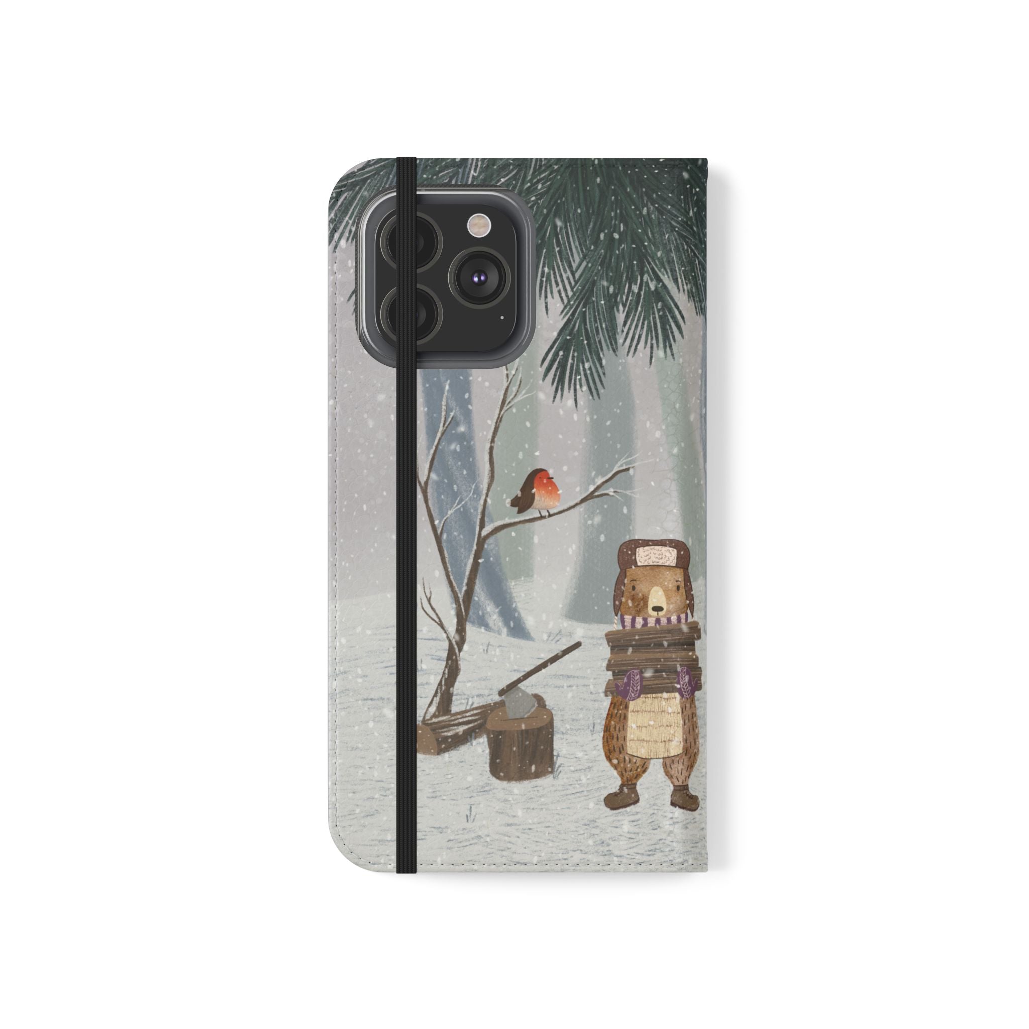 Winter Forest Friends Wallet Case, Woodland Flip Cover, Vegan Leather, Snowy Scene, Cozy Holiday, iPhone 11 12 13 14 15 16, Galaxy S21 S22