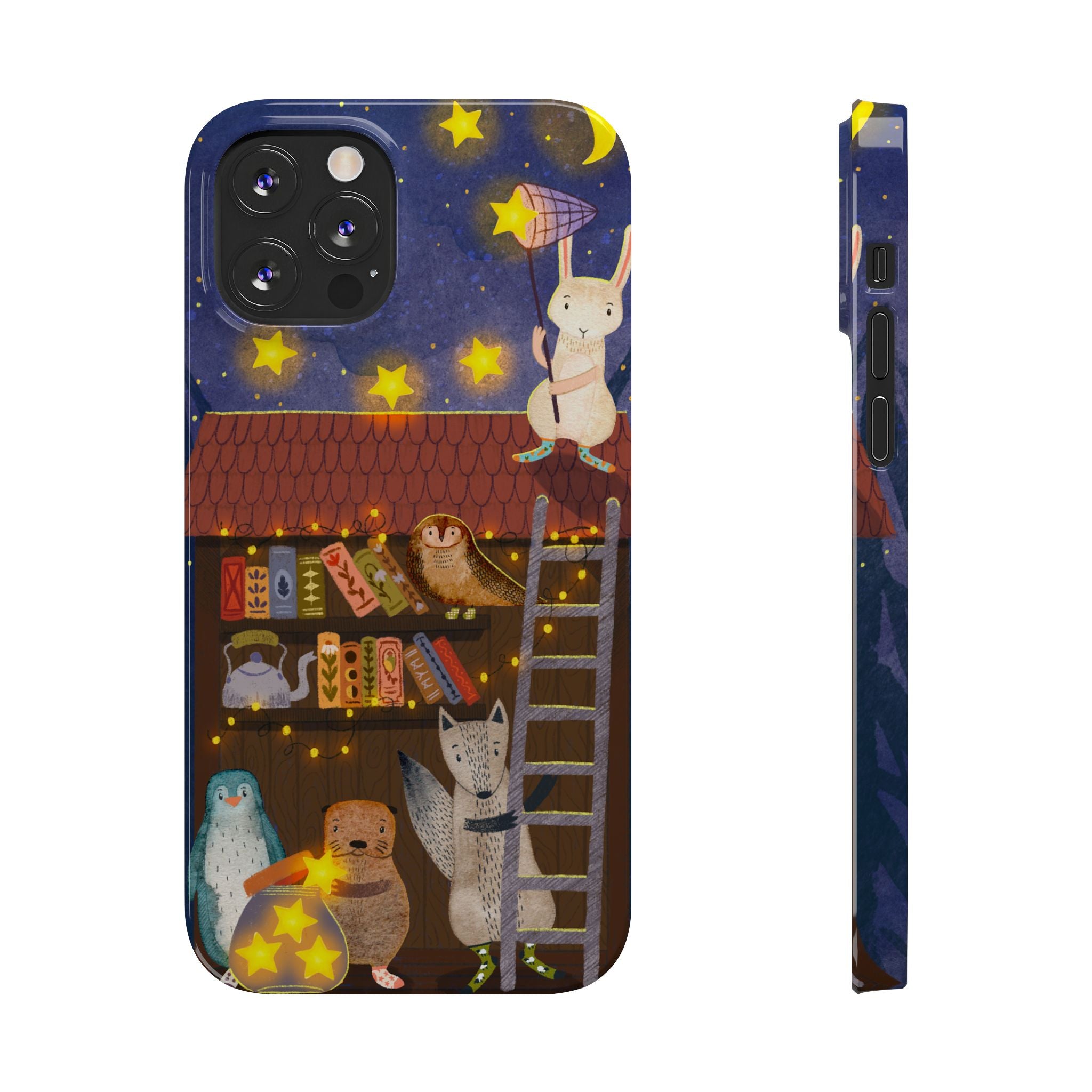 Starlit Library Phone Case, Woodland Animals iPhone Case, Cozy Night Scene Cover, Cute Animals Case Gift, iPhone 7 8 X XR 11 12 13 14 15 16