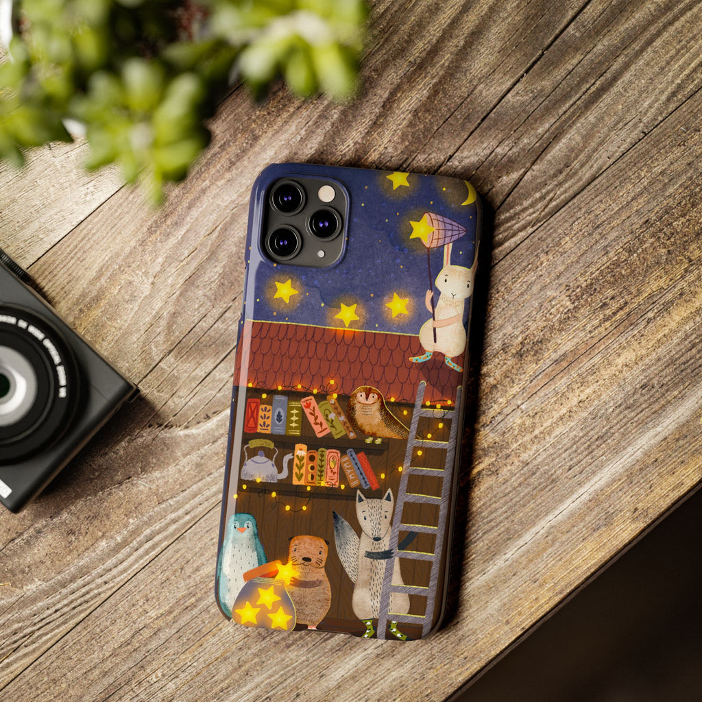 Starlit Library Phone Case, Woodland Animals iPhone Case, Cozy Night Scene Cover, Cute Animals Case Gift, iPhone 7 8 X XR 11 12 13 14 15 16