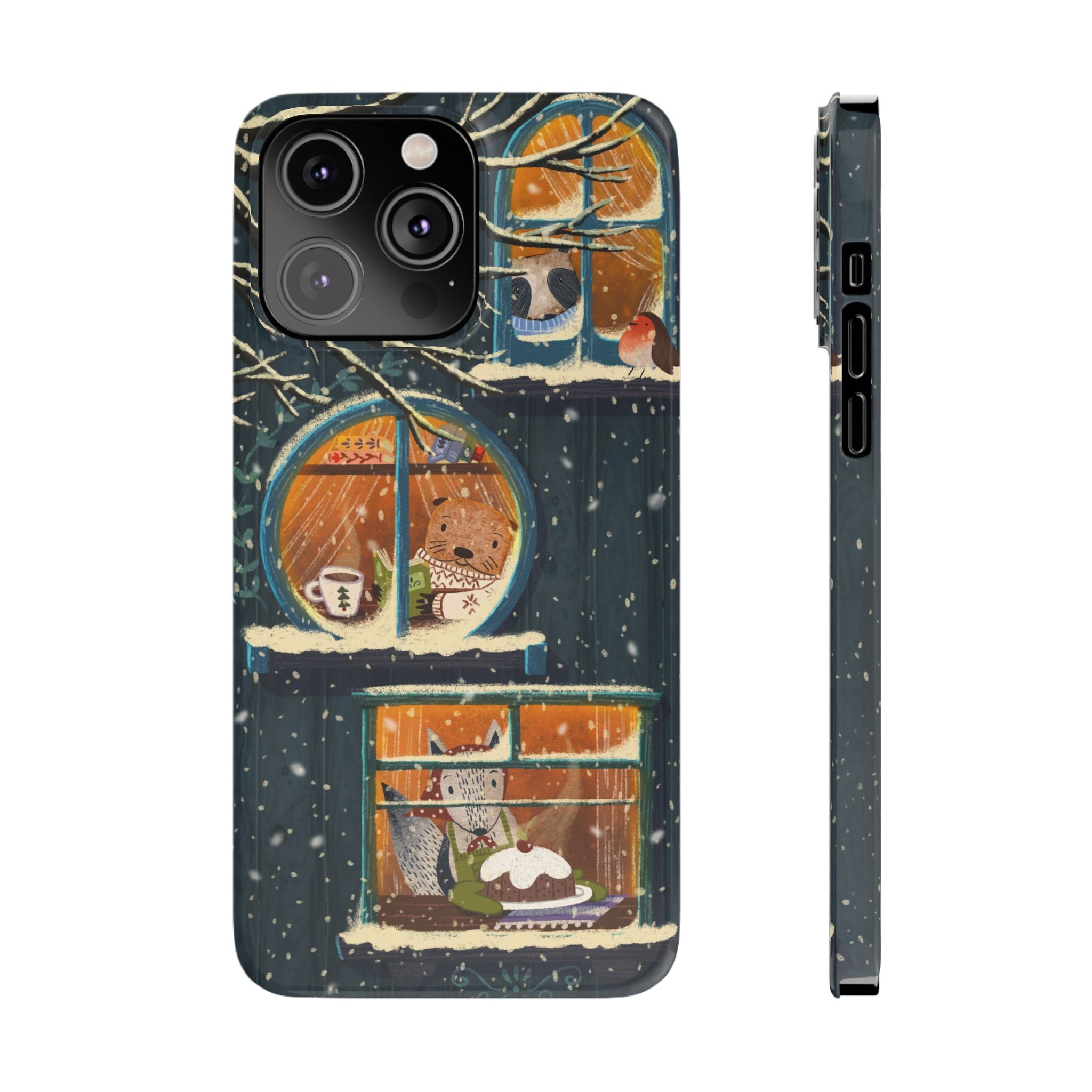 Cute Winter Animals Cozy Home iPhone Case, Woodland Cottage Cover, Treehouse at Night, Raccoon Bear Fox, iPhone 16 15 14 13 12 11 X XR 8 7