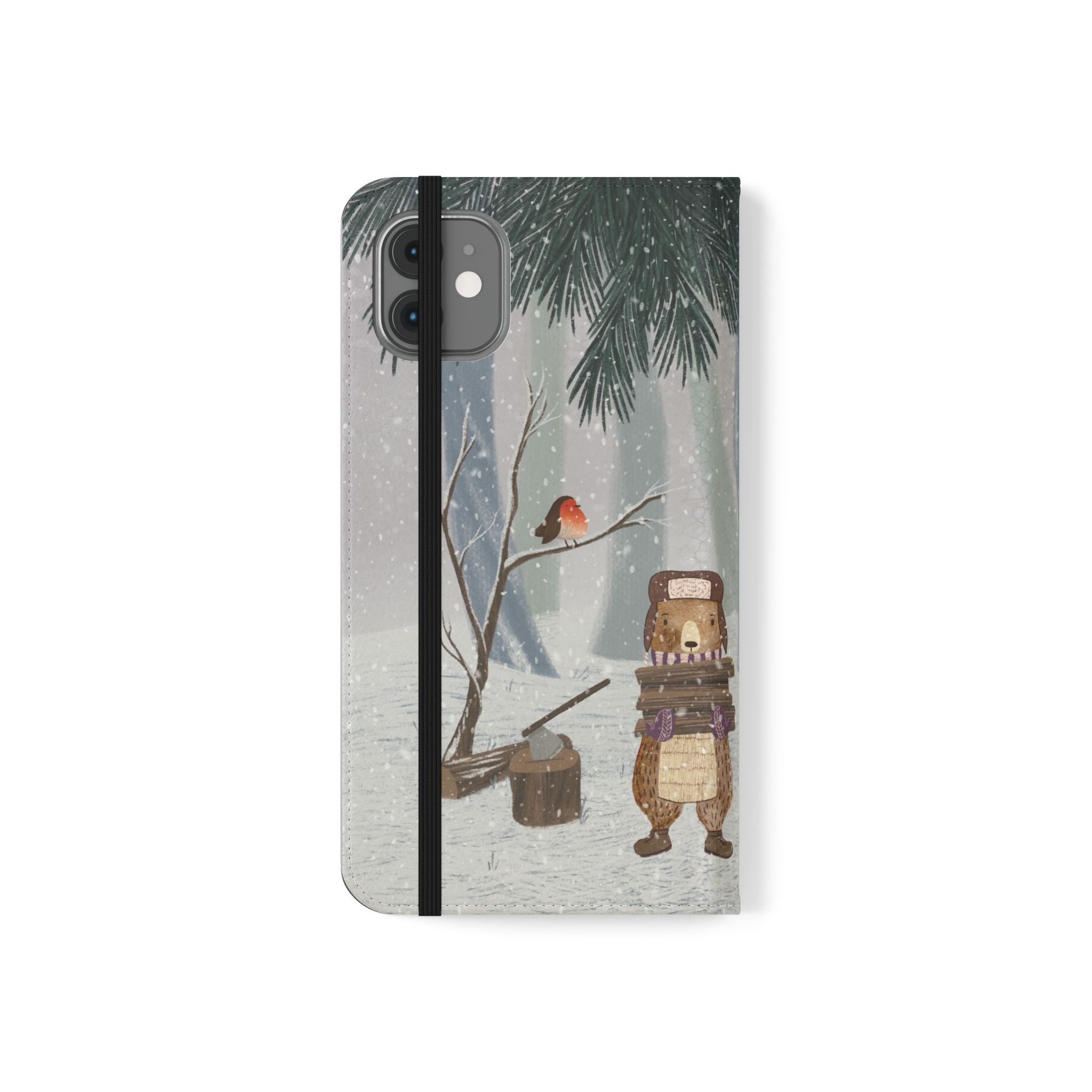 Winter Forest Friends Wallet Case, Woodland Flip Cover, Vegan Leather, Snowy Scene, Cozy Holiday, iPhone 11 12 13 14 15 16, Galaxy S21 S22