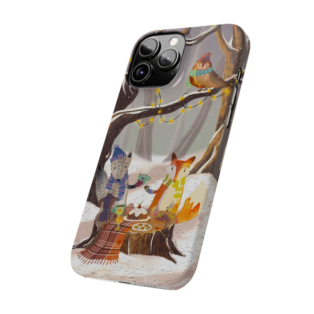Cozy Winter Animals Slim iPhone Case, Cute Fox & Owl Design, Winter Theme Holiday Gift, Cute Phone Cover Gift, iPhone 16 15 14 13 12 11 X XR