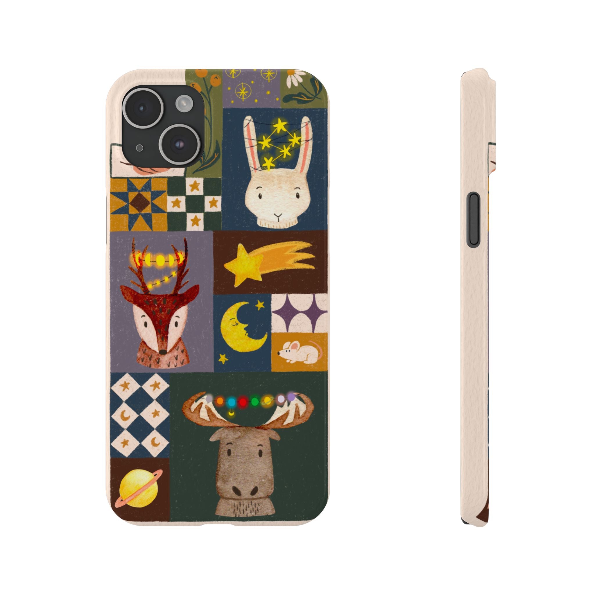Holiday Night Sky Slim Case, Cute Forest Creatures iPhone Cover, Bunny Deer Moose, iPhone 7 8 X XR XS 11 12 13 14 15 16