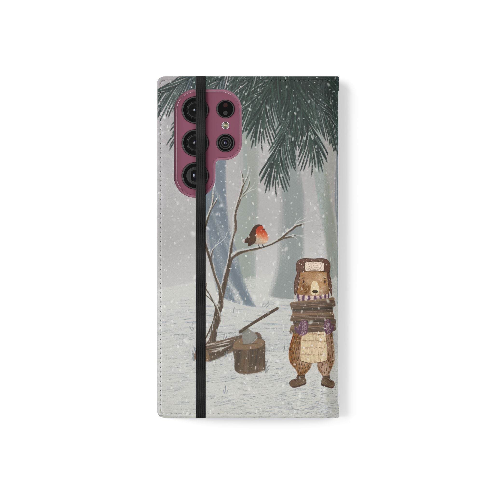 Winter Forest Friends Wallet Case, Woodland Flip Cover, Vegan Leather, Snowy Scene, Cozy Holiday, iPhone 11 12 13 14 15 16, Galaxy S21 S22