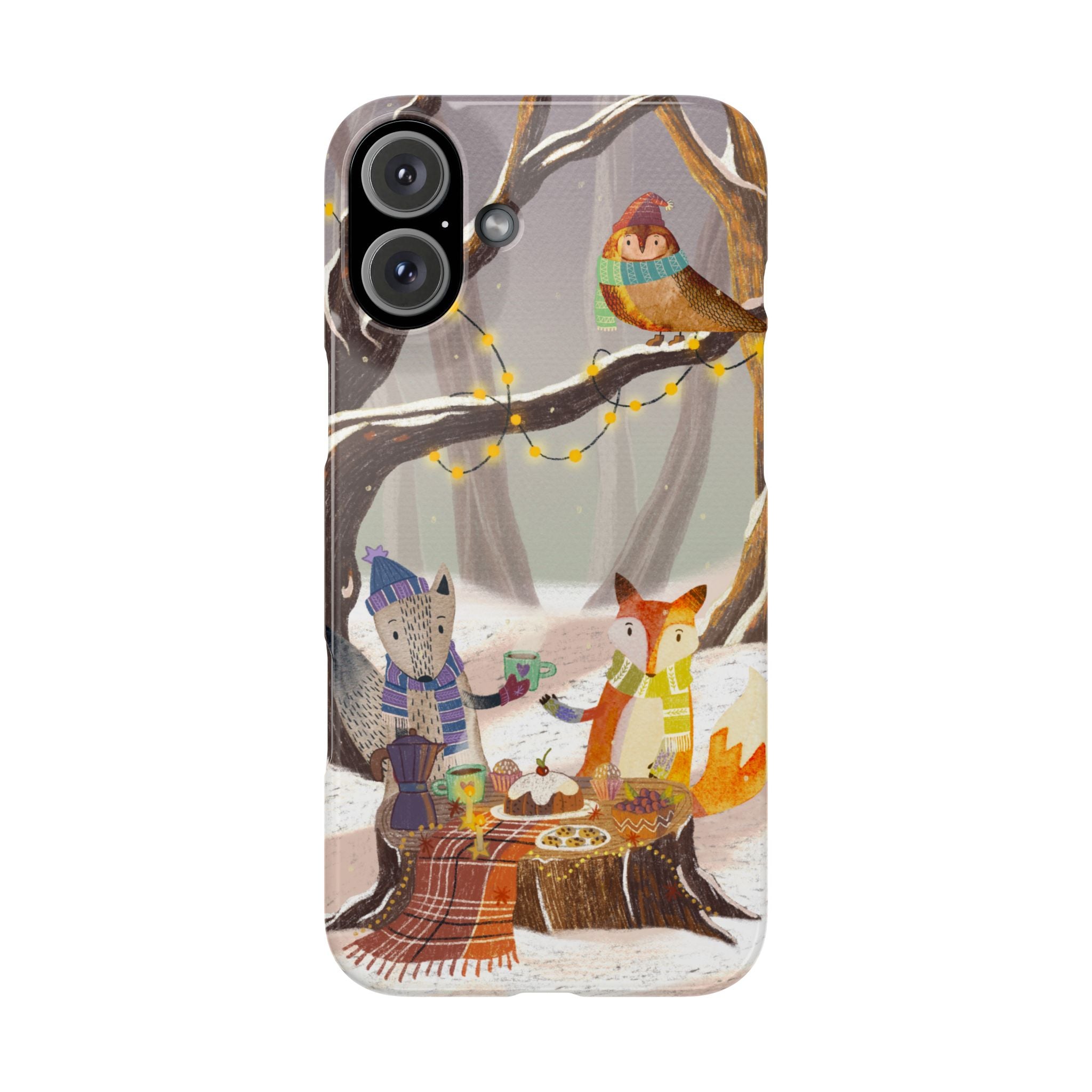 Cozy Winter Animals Slim iPhone Case, Cute Fox & Owl Design, Winter Theme Holiday Gift, Cute Phone Cover Gift, iPhone 16 15 14 13 12 11 X XR