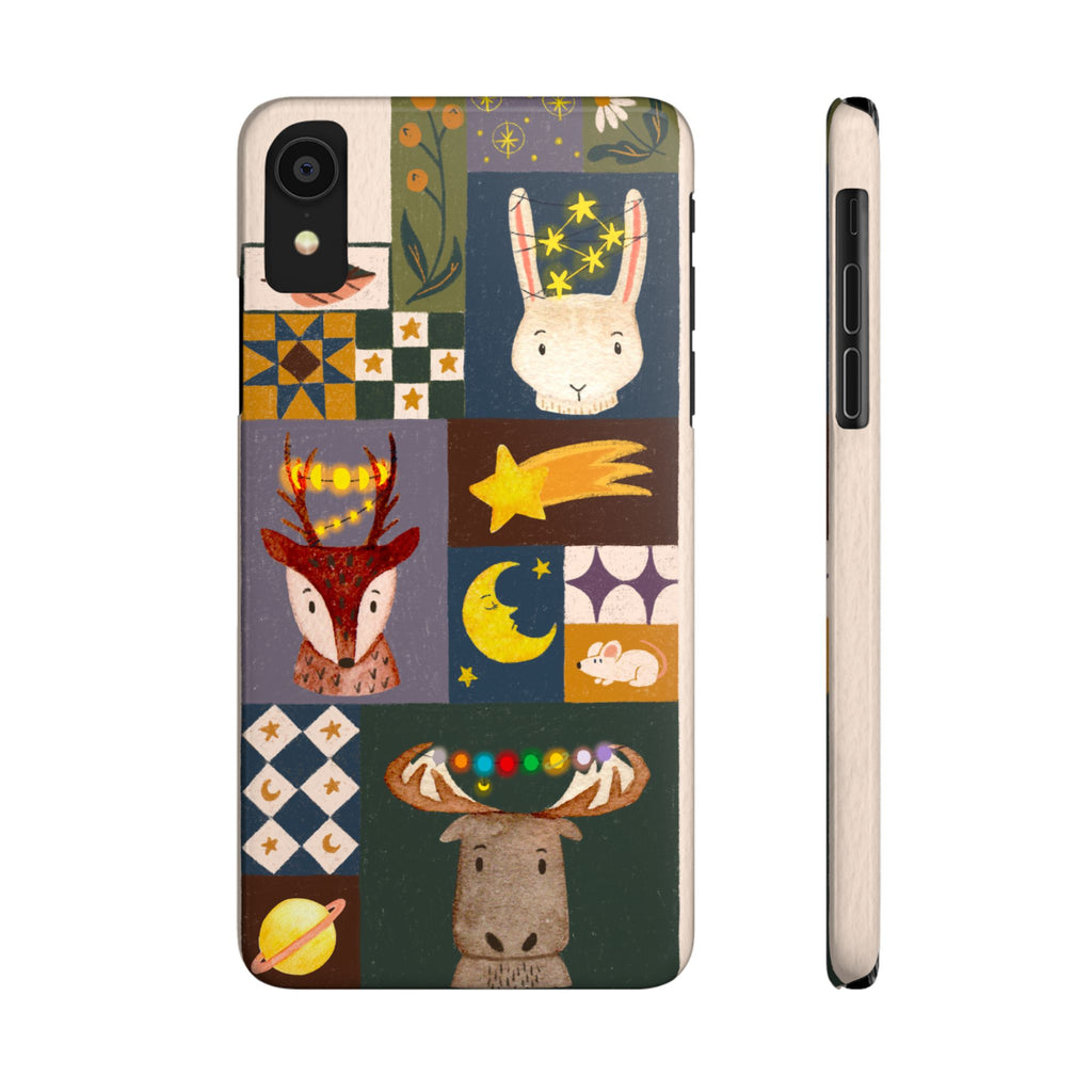 Holiday Night Sky Slim Case, Cute Forest Creatures iPhone Cover, Bunny Deer Moose, iPhone 7 8 X XR XS 11 12 13 14 15 16
