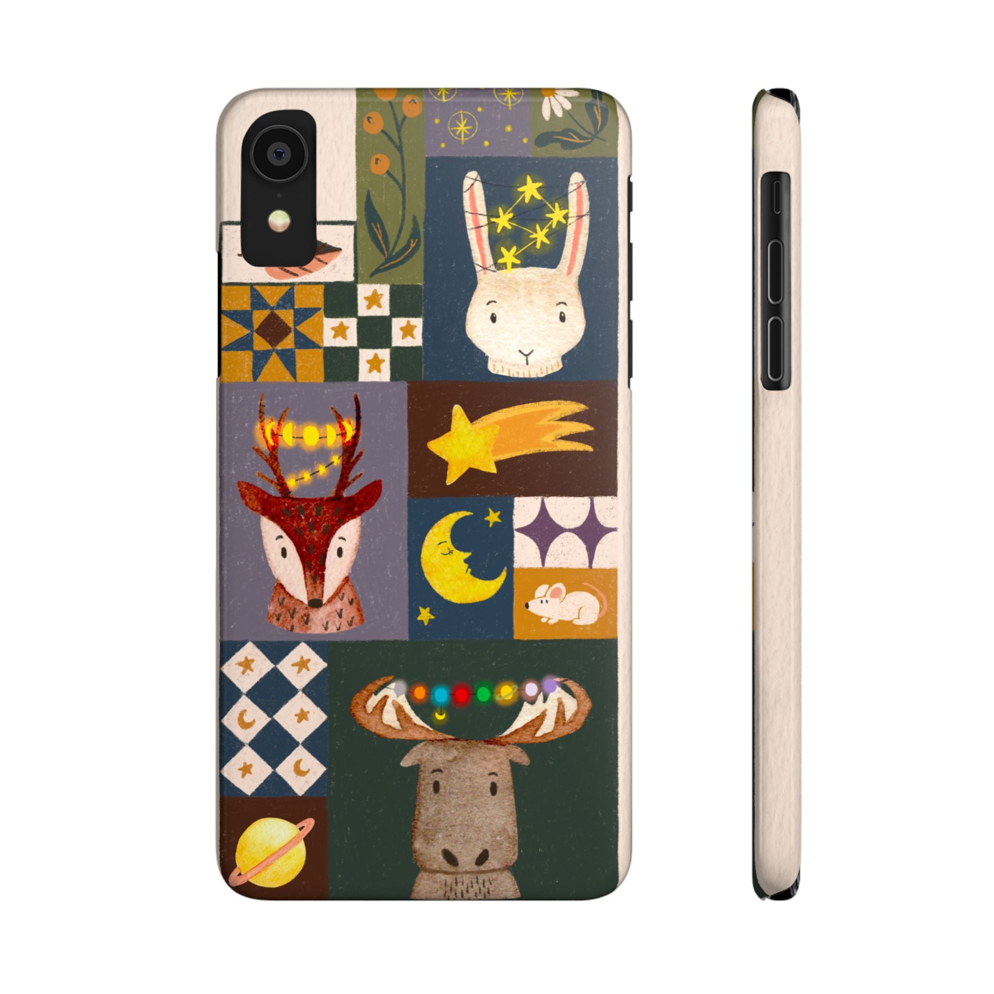 Holiday Night Sky Slim Case, Cute Forest Creatures iPhone Cover, Bunny Deer Moose, iPhone 7 8 X XR XS 11 12 13 14 15 16