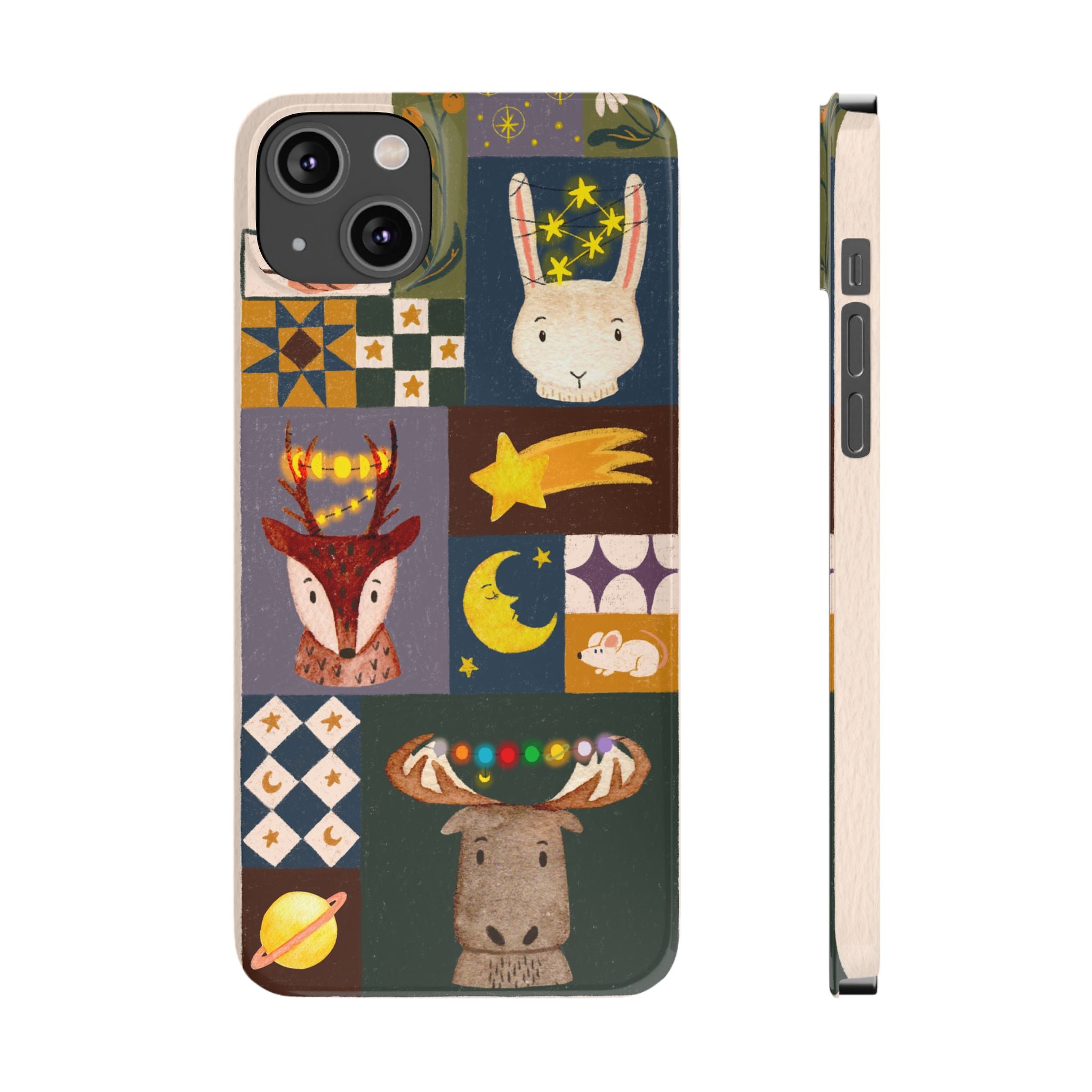 Holiday Night Sky Slim Case, Cute Forest Creatures iPhone Cover, Bunny Deer Moose, iPhone 7 8 X XR XS 11 12 13 14 15 16