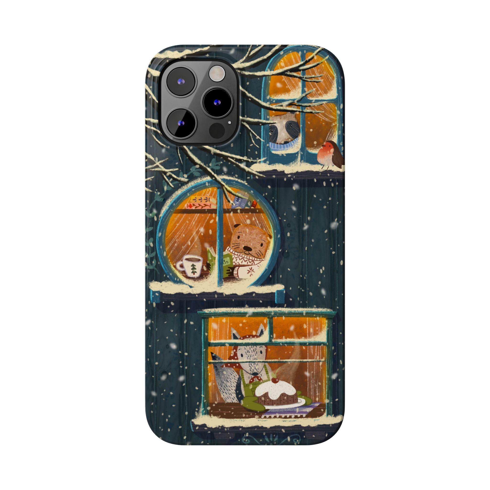 Cute Winter Animals Cozy Home iPhone Case, Woodland Cottage Cover, Treehouse at Night, Raccoon Bear Fox, iPhone 16 15 14 13 12 11 X XR 8 7