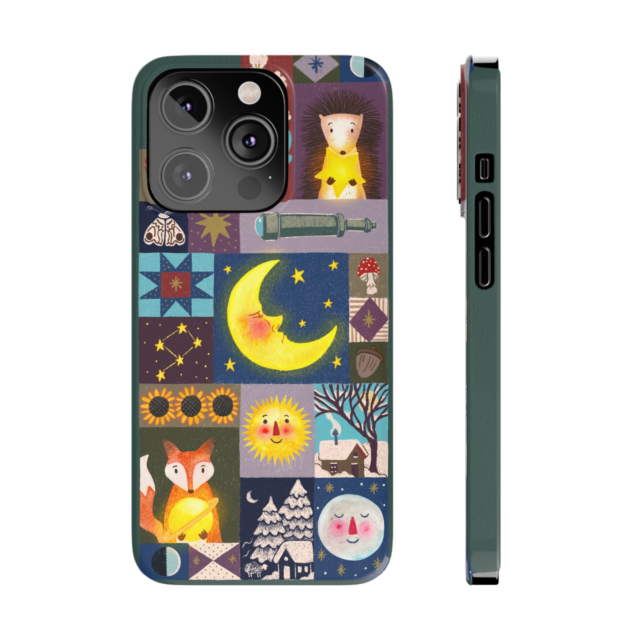 Celestial Quilt iPhone Case, Folk Art Moon Sun Fox Case, Nature Patchwork Cover, Cute Stellar Design, iPhone 7 8 X XR XS 11 12 13 14 15 16
