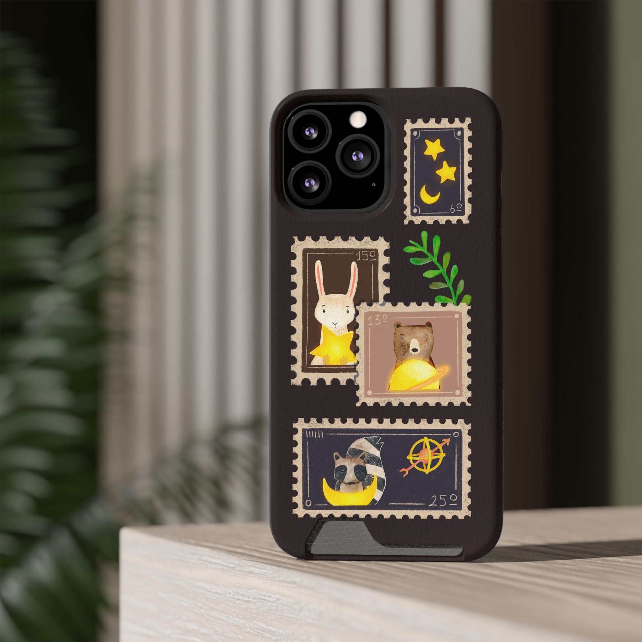 Animal Phone Case with Card Holder - Cute Raccoon, Bear & Bunny Design for iPhone 13 Samsung Galaxy S21/S22 - Pet Lovers Night Sky Style