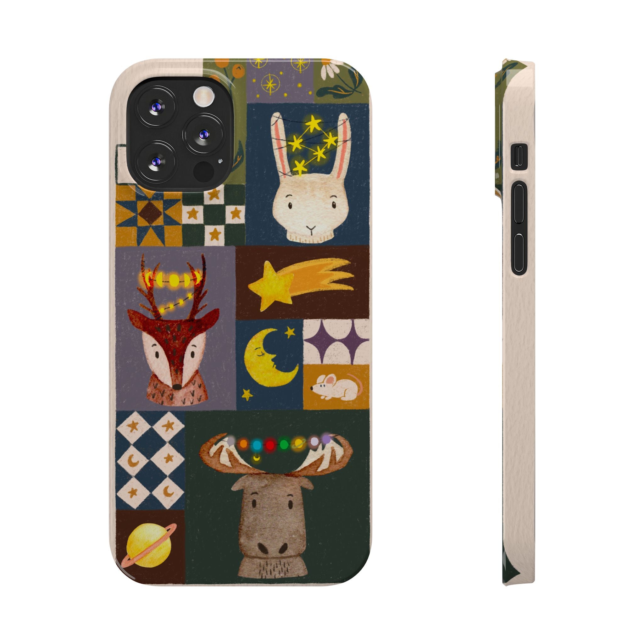 Holiday Night Sky Slim Case, Cute Forest Creatures iPhone Cover, Bunny Deer Moose, iPhone 7 8 X XR XS 11 12 13 14 15 16