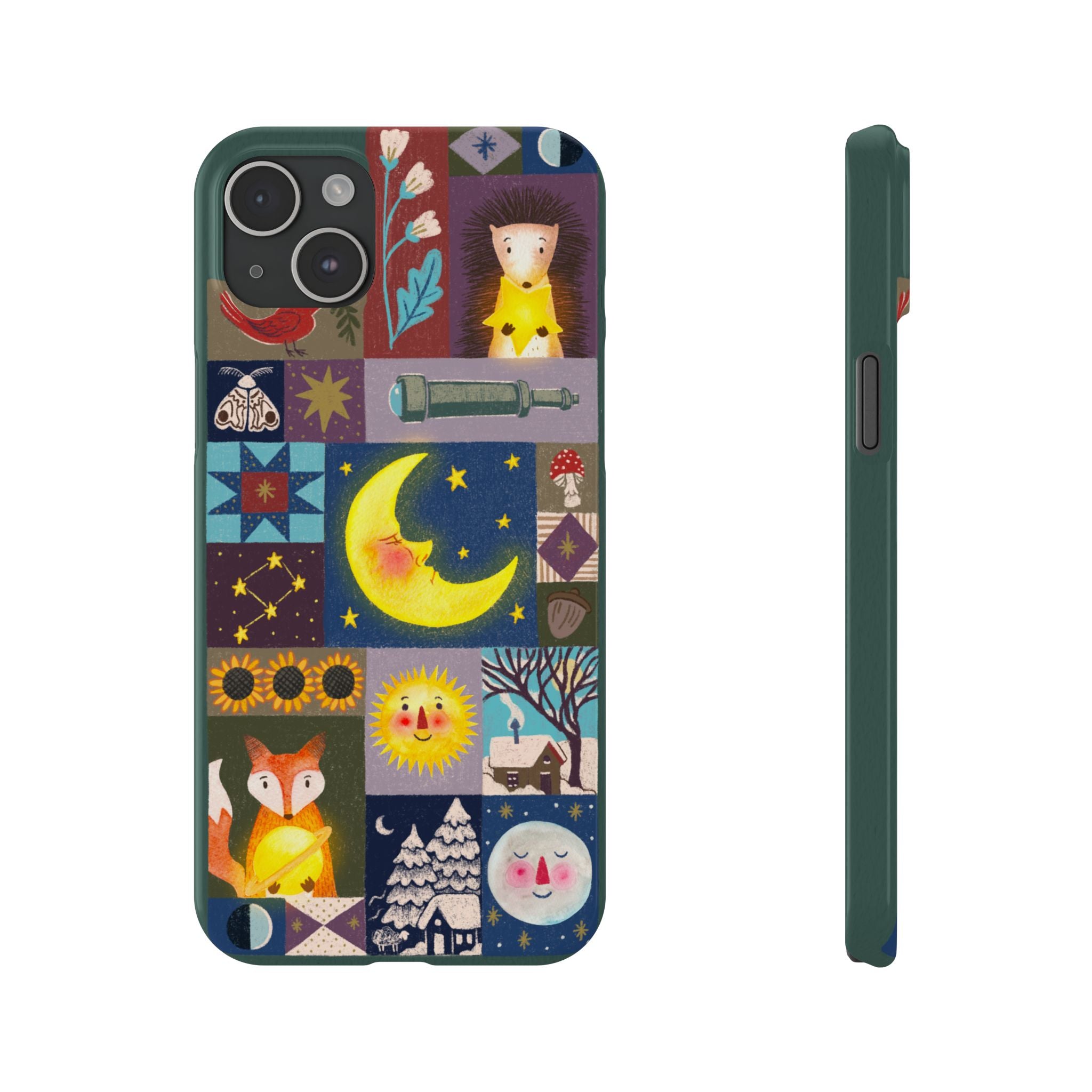 Celestial Quilt iPhone Case, Folk Art Moon Sun Fox Case, Nature Patchwork Cover, Cute Stellar Design, iPhone 7 8 X XR XS 11 12 13 14 15 16