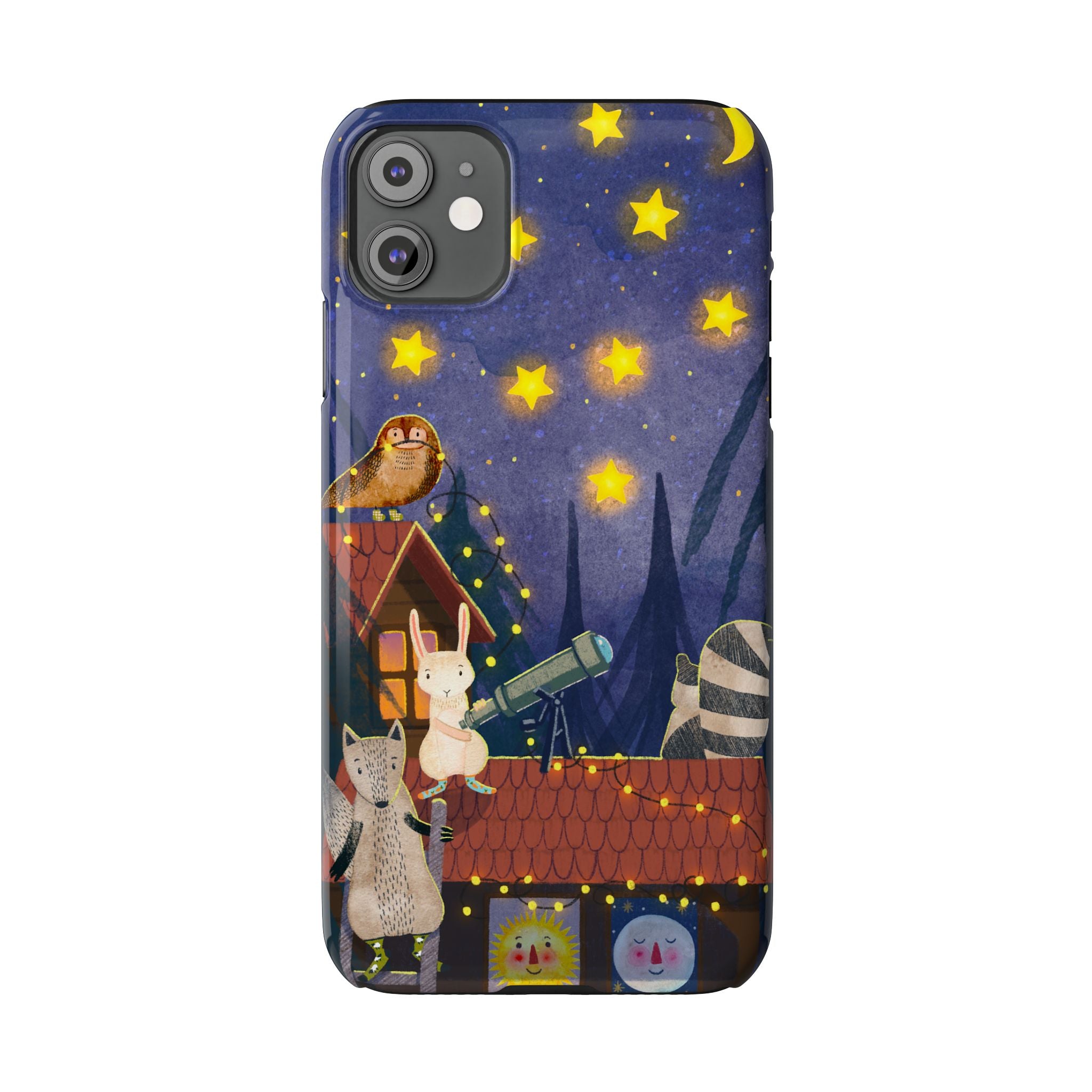 Stargazing Animals Slim iPhone Case, Night Sky Observatory Cover, Cute Forest Gift, Starry Night Gift, iPhone 16 15 14 13 12 11 X XR XS 8 7