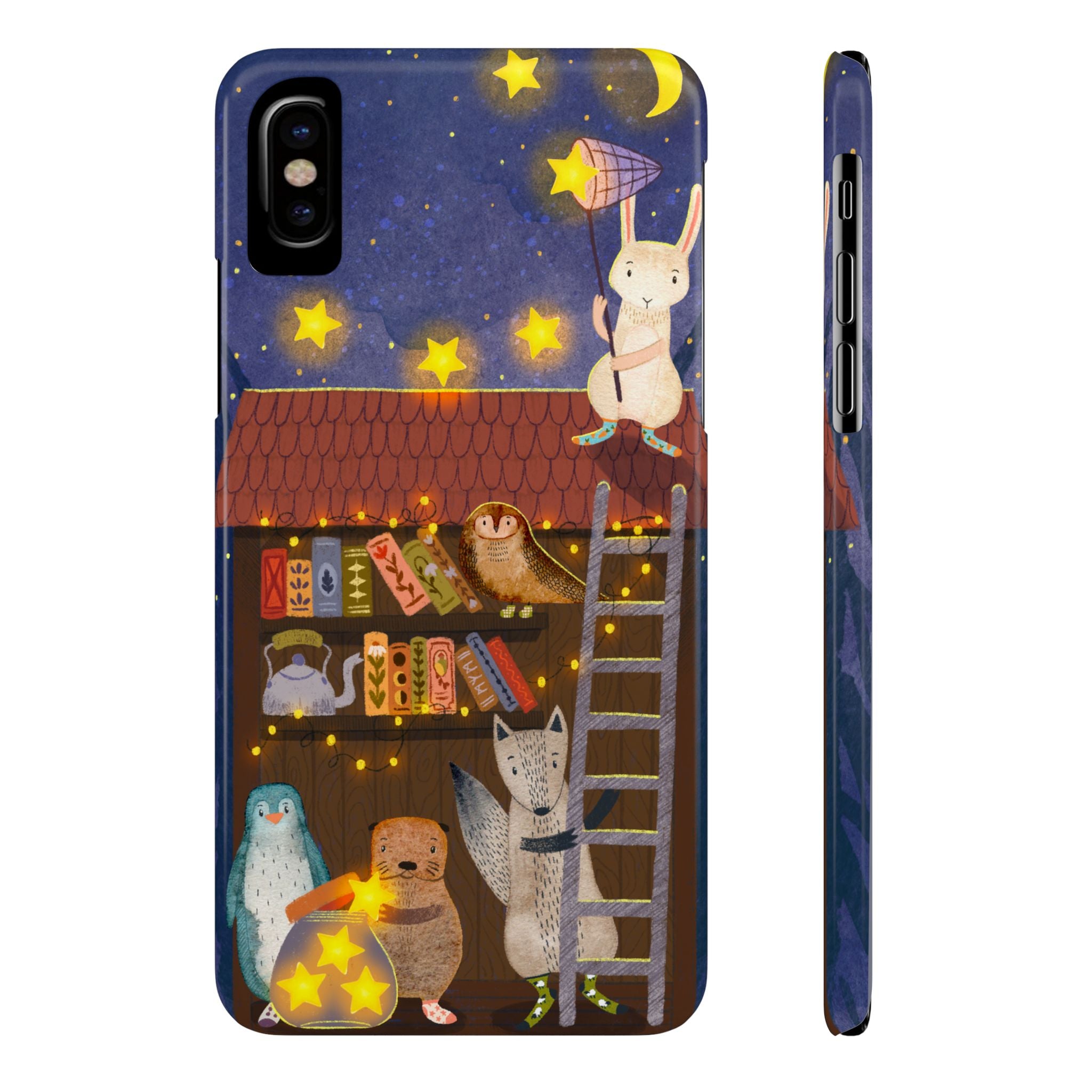 Starlit Library Phone Case, Woodland Animals iPhone Case, Cozy Night Scene Cover, Cute Animals Case Gift, iPhone 7 8 X XR 11 12 13 14 15 16